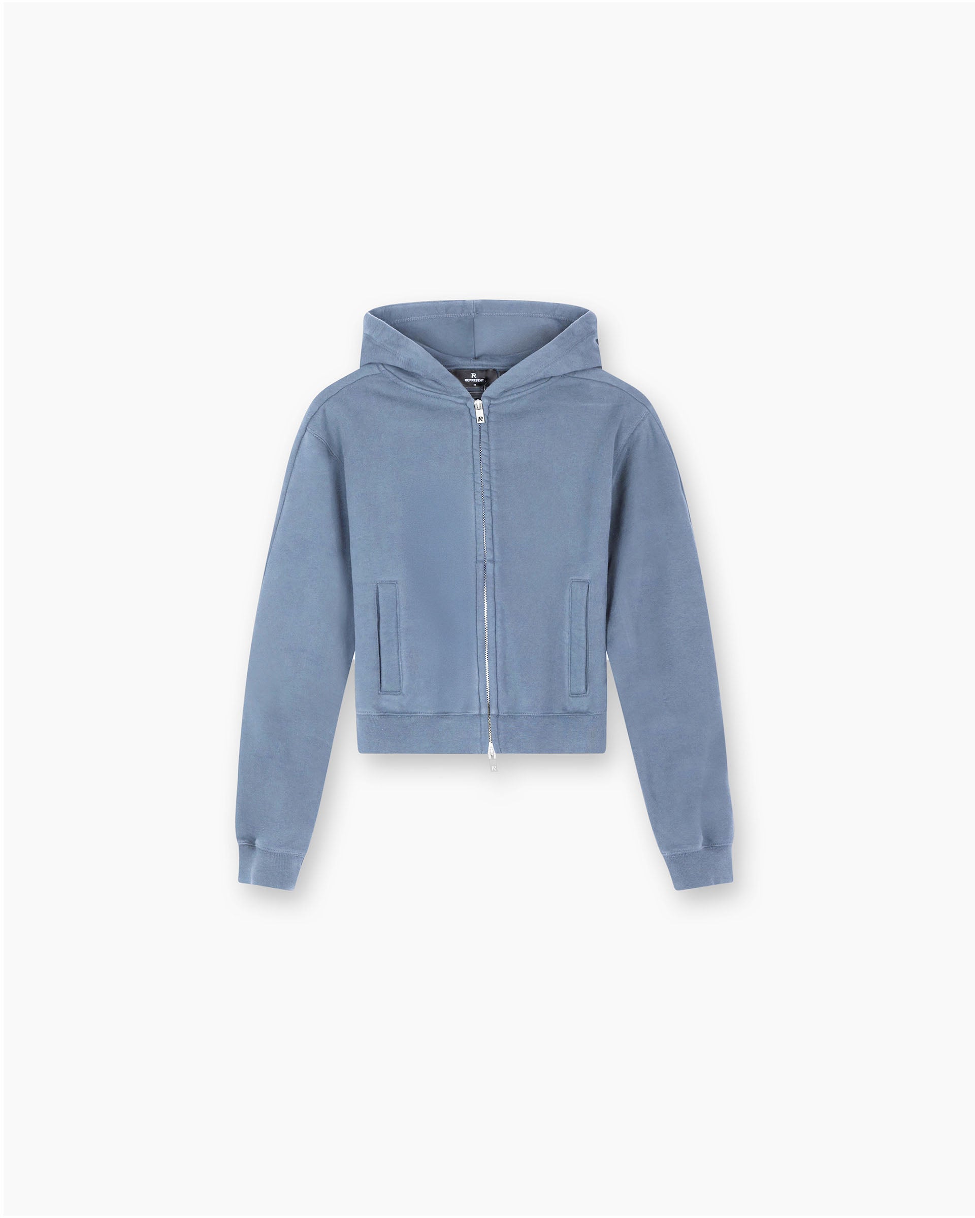 Front product image of a womens blue zip hoodie on a plain white background | Owners Club Slim Zip Hoodie in Steel Blue | Slim fit zip hoodie | Womens Owners Club Hoodies | Represent Clo