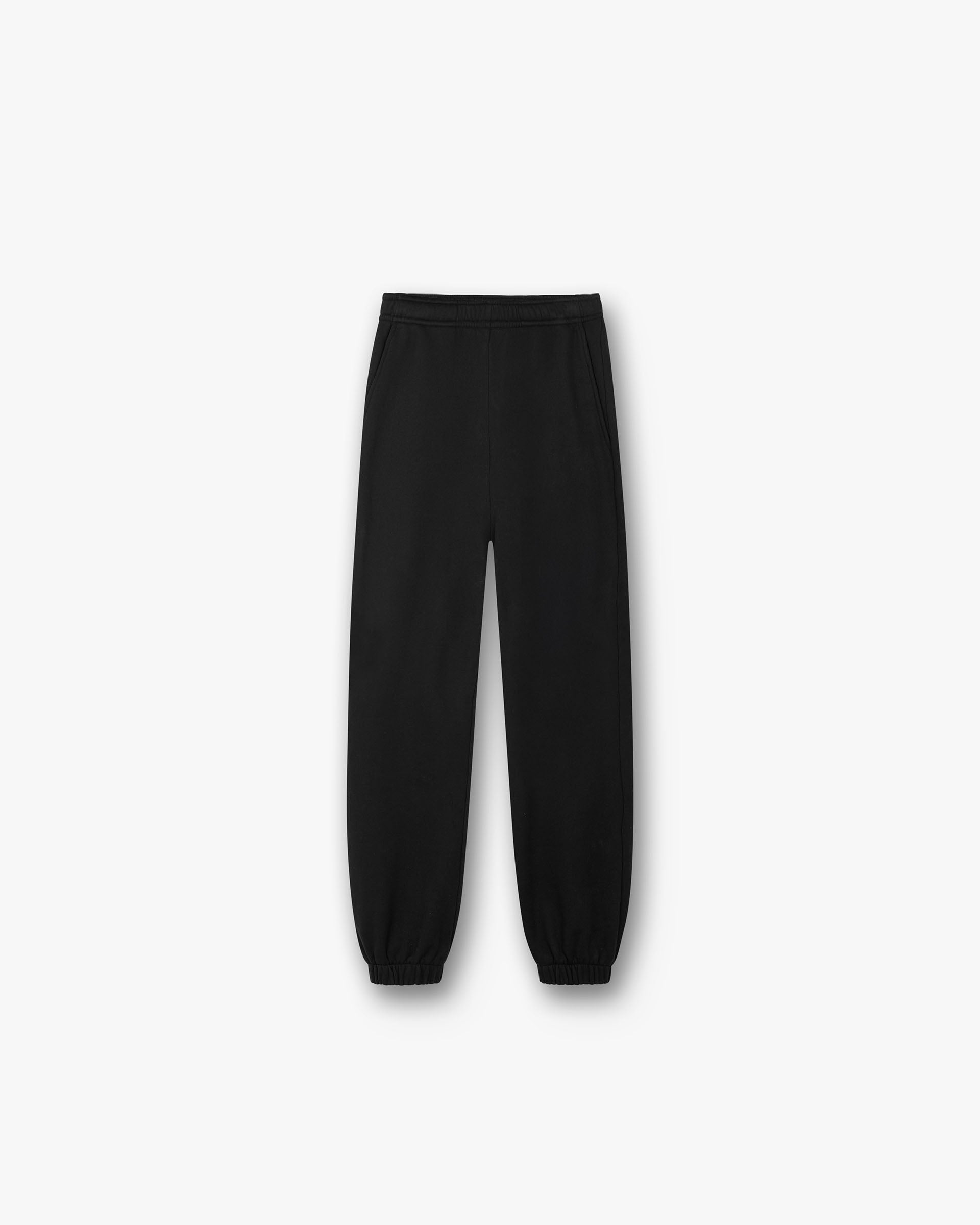 Product image of womens black track pants on a plain white background | Owners Club Track Pant in Jet Black | Slim fit track pants with subtle puff print branding | Womens Owners Club Bottoms | Represent Clo