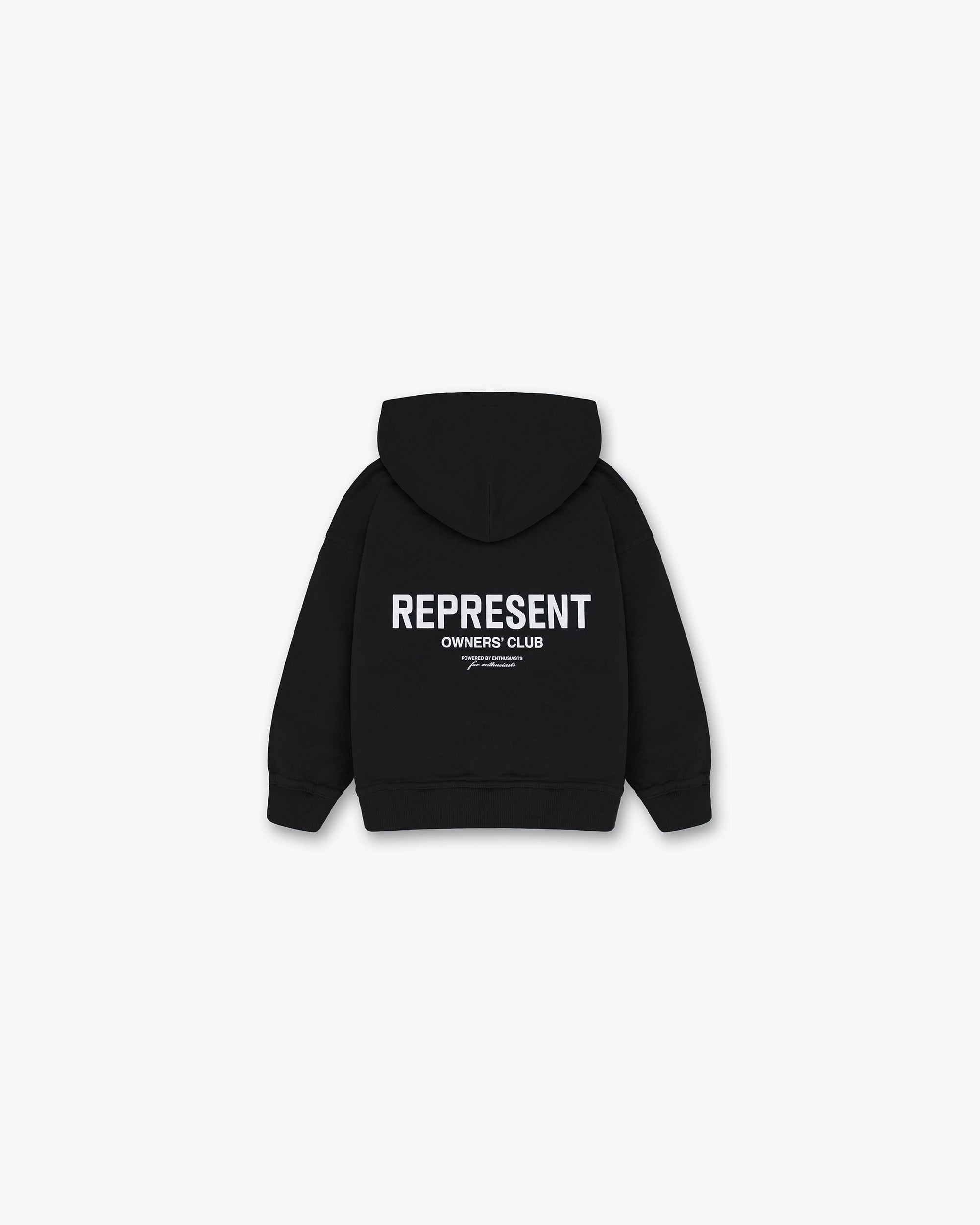Front product image of a black hoodie for kids on a plain white background | Represent Mini Owners Club Hoodie in Black | Kids hoodie with branding on chest and rear | Owners Club Hoodies | Represent Clo