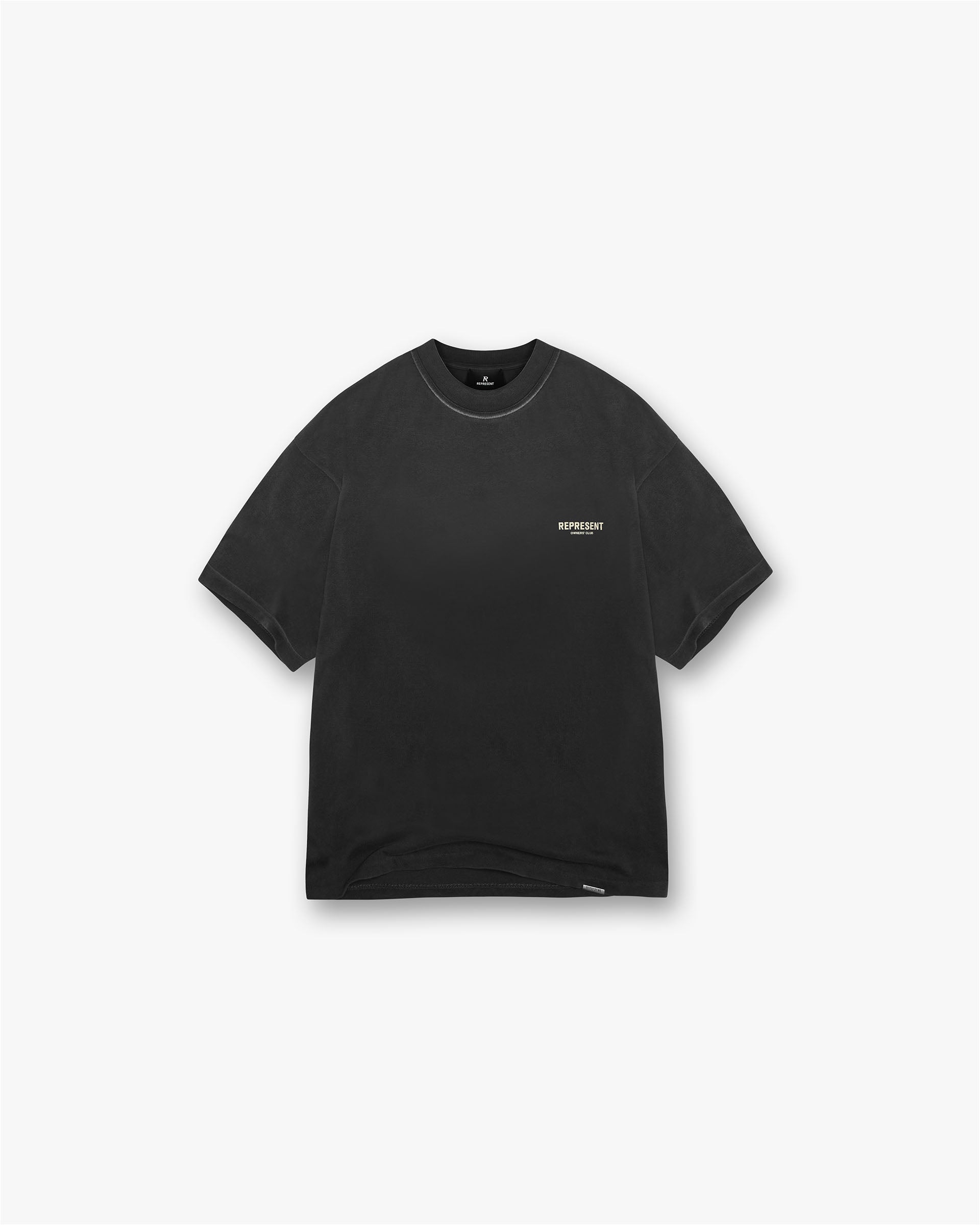 Back product image of a mens black t-shirt on a plain white background | Represent Owners Club T-Shirt in Aged Black | Oversized short sleeve jersey tee | Owners Club T-Shirts | Represent Clo