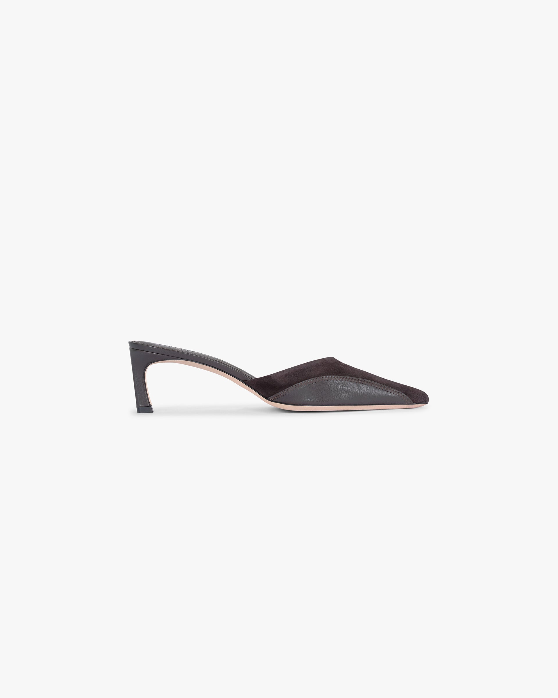 Front product image of a womens black pointed mule on a plain white background | Pointed Mule in Black Coffee | Silk footwear with pointed toe | Womens SS25 Footwear | Represent Clo