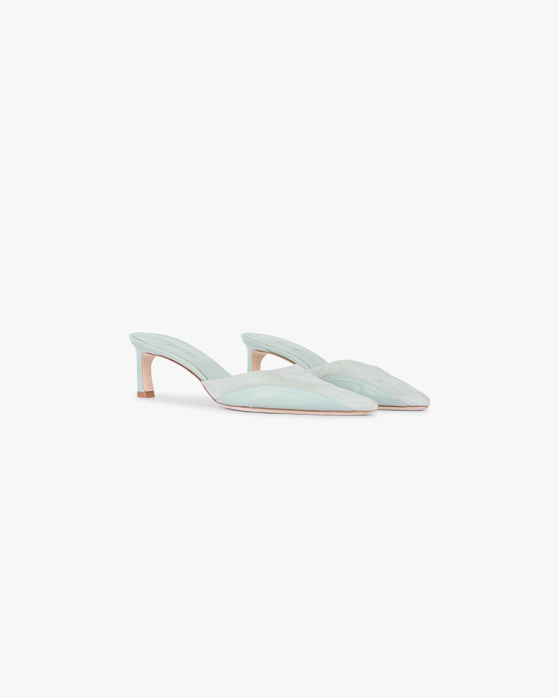 Back product image of a womens green pointed mule on a plain white background | Pointed Mule in Basil | Pointed mule with elongated toe and low heel | Womens SS25 Footwear | Represent Clo