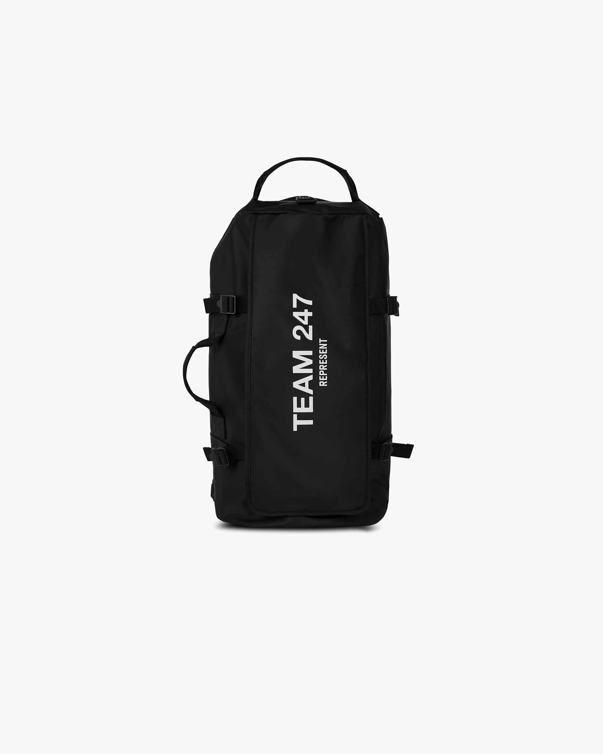 Front product image of a mens black gym bag on a plain white background | Team 247 Gym Bag in Black | Durable gym bag with spacious interior | 247 Accessories | Represent Clo