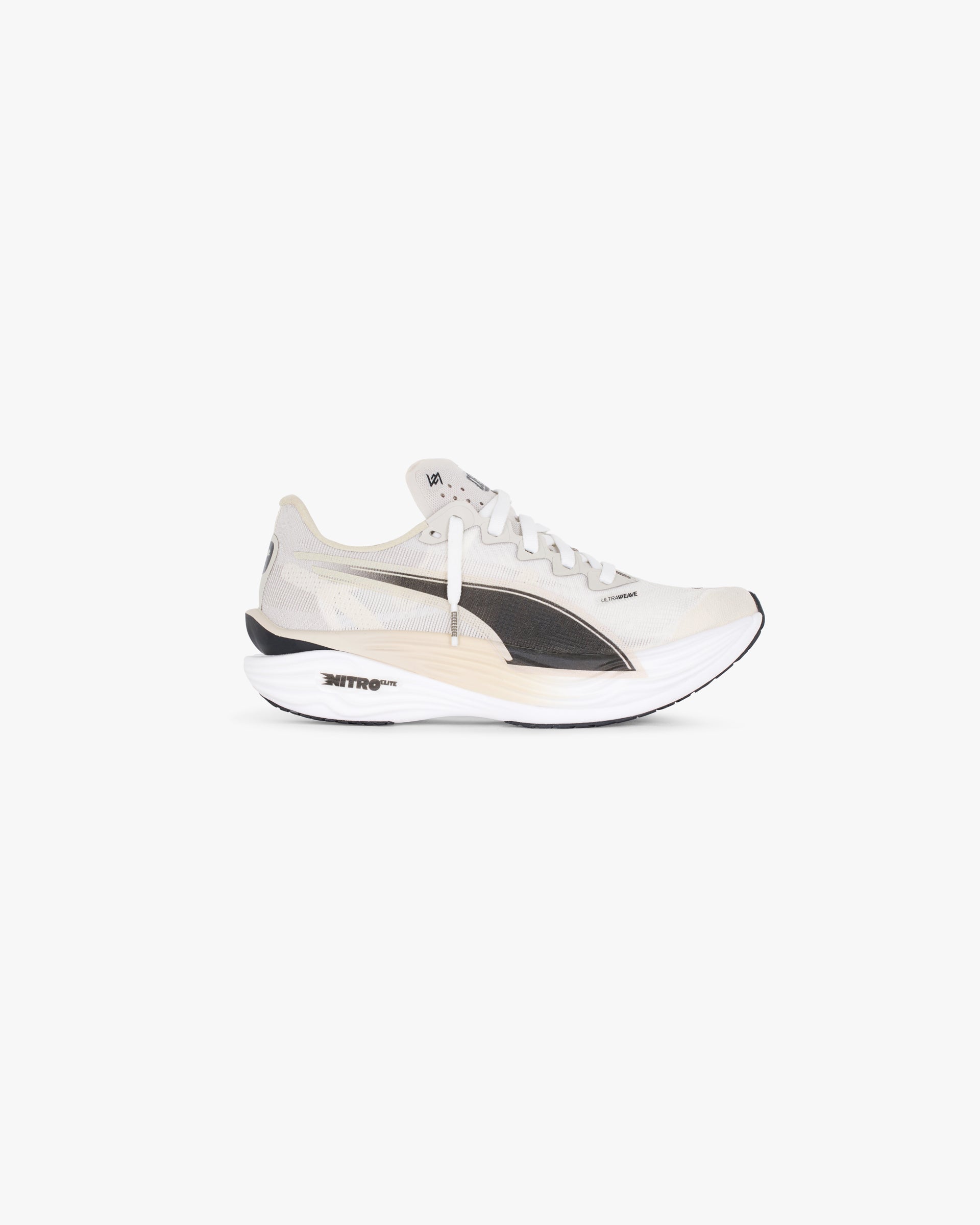 Front product image of mens beige footwear on a plain white background | 247 X Puma Deviate Nitro 3 Elite Mens in Desert Dust | High-performance running shoes | 247 Footwear | Represent Clo