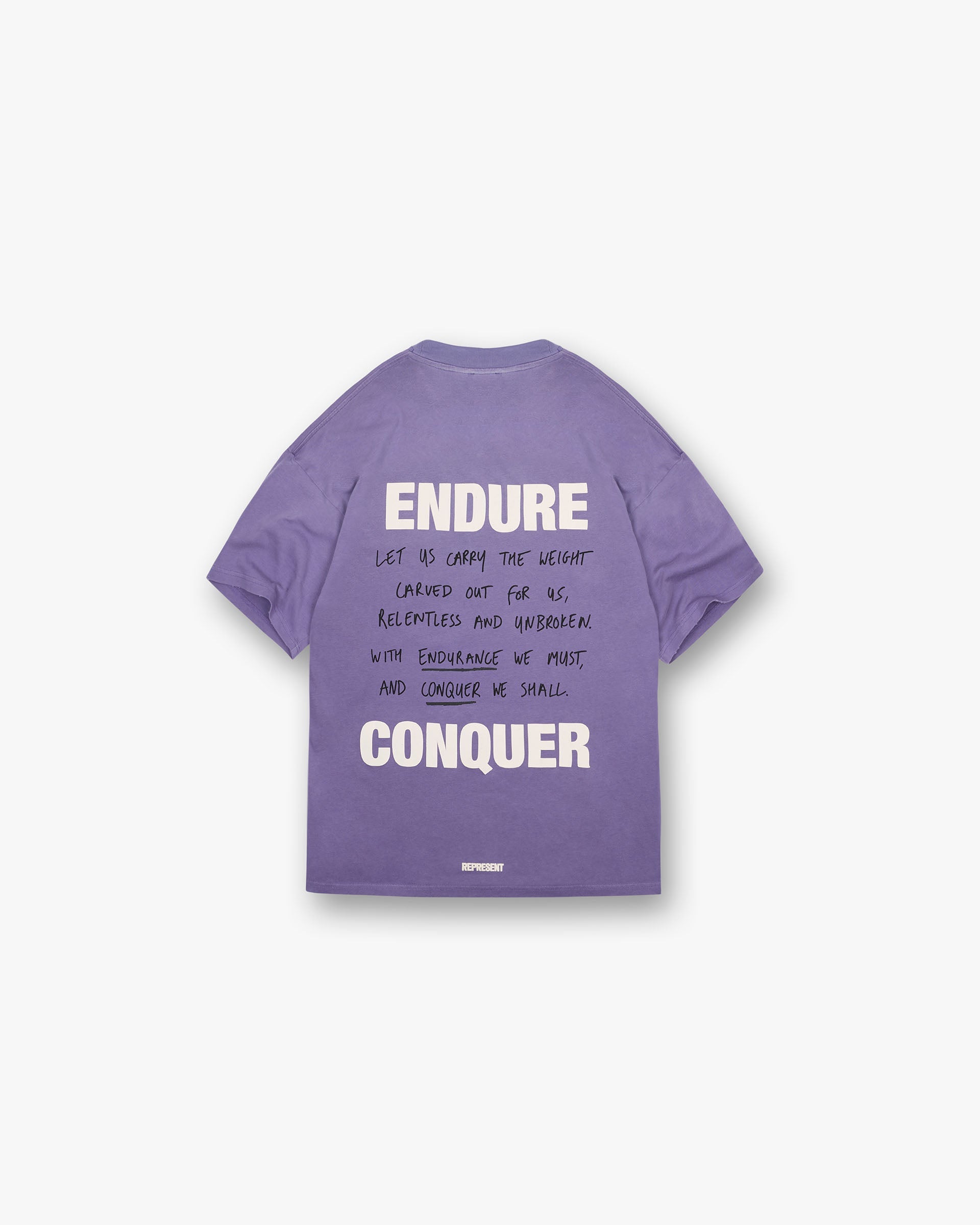Back product image of a mens purple t-shirt on a plain white background | Atlas T-Shirt in Purple | Oversized t-shirt with puff and screen print graphics | FW24 T-Shirts | Represent Clo