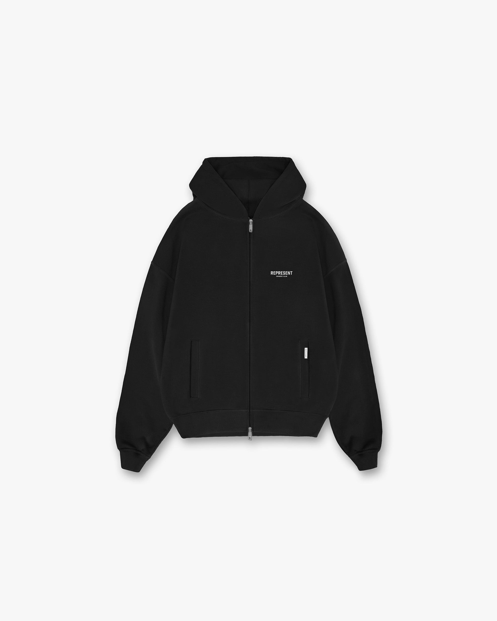 Front product image of a mens black zip hoodie on a plain white background | Represent Owners Club Zip Hoodie in Black | Zip hoodie with relaxed fit | Owners Club Hoodies | Represent Clo