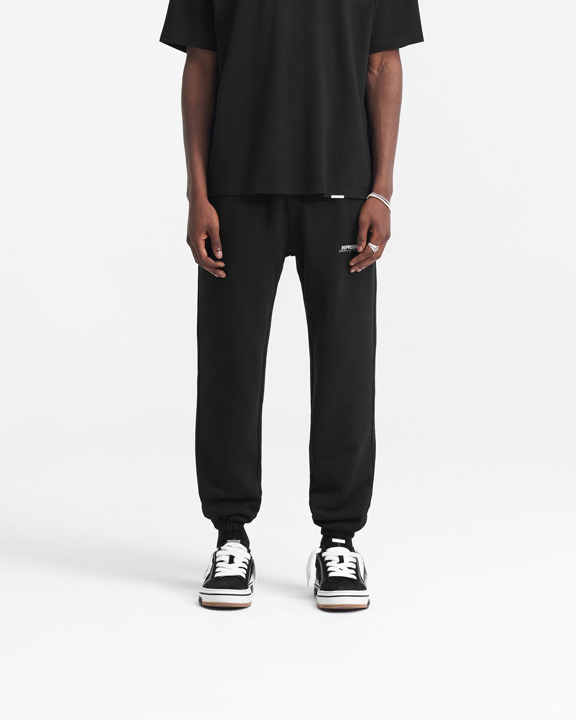 Back product image of mens black sweatpants on a plain white background | Patron Of The Club Sweatpant in Black | Sweatpants with elasticated waistband and cuffs | Patrons Pants | Represent Clo