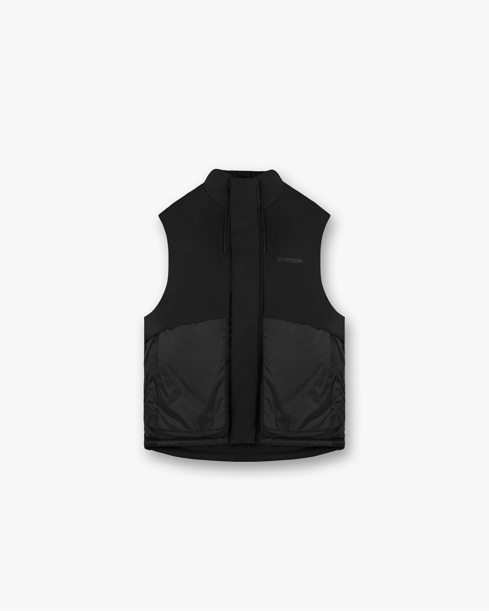 Front product image of a mens black puffer gilet on a plain white background | Layered Puffer Gilet in Jet Black | Puffer gilet with layered insulation | FW24 Outerwear | Represent Clo