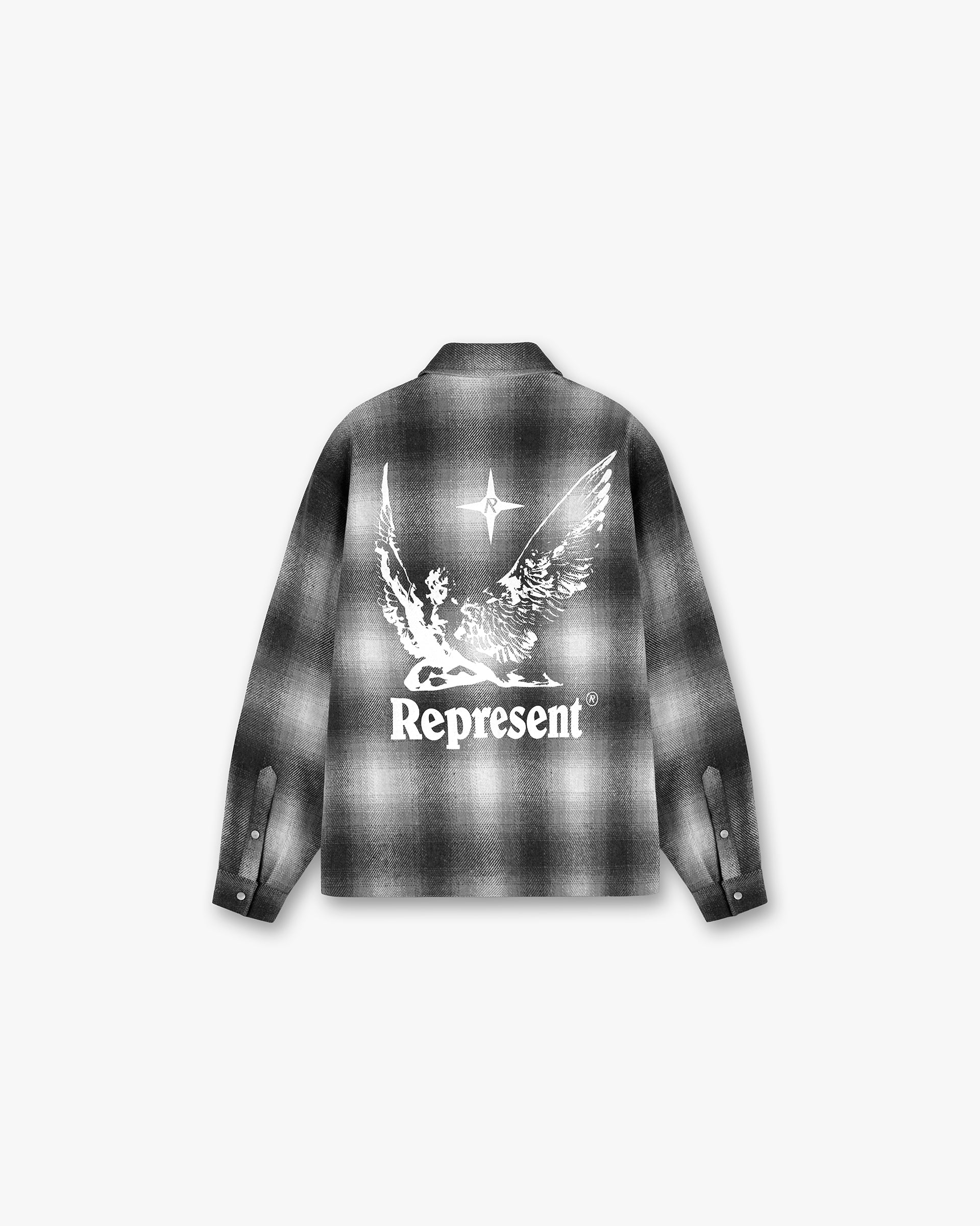 Back product image of a mens black and white flannel shirt on a plain white background | Spirits Of Summer Flannel Shirt in Black White | Check overshirt with popper closures and chest pockets | SS24 Shirts | Represent Clo