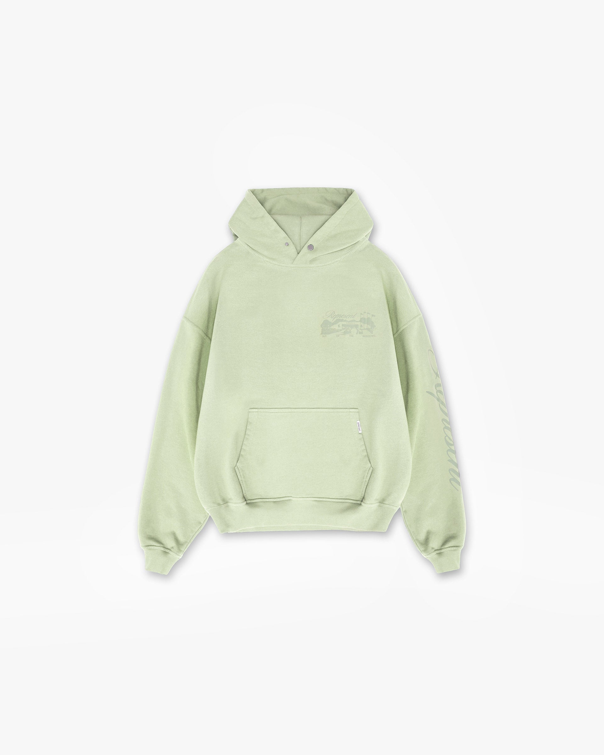 Front product image of a mens green hoodie on a plain white background | Raceway Hoodie in Matcha | Hoodie with drawstring hood and ribbed cuffs | SS25 Hoodies | Represent Clo