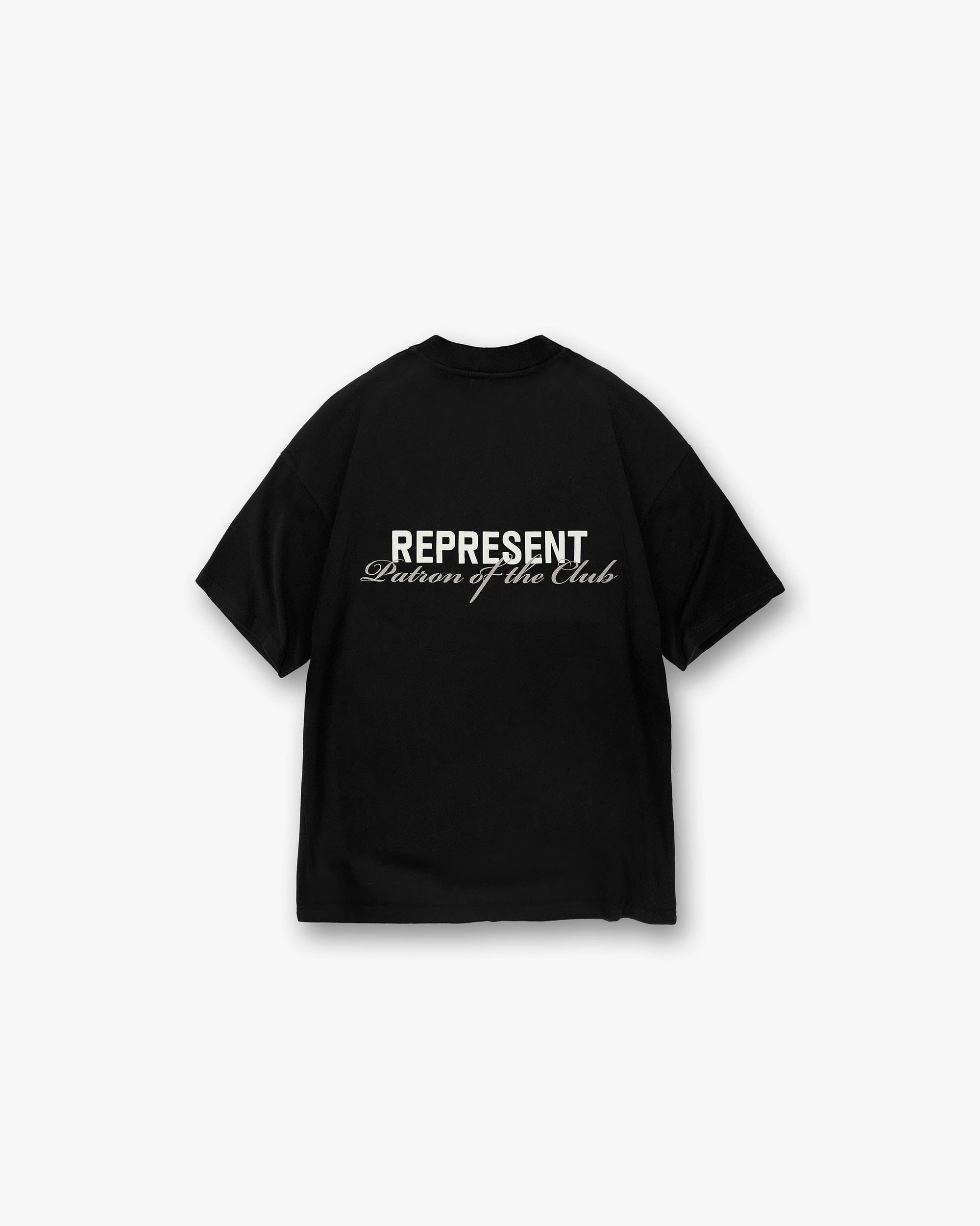 Back product image of a mens black t-shirt on a plain white background | Patron Of The Club T-Shirt in Black | Oversized t-shirt with Patron of the Club branding | Patrons T-Shirts | Represent Clo