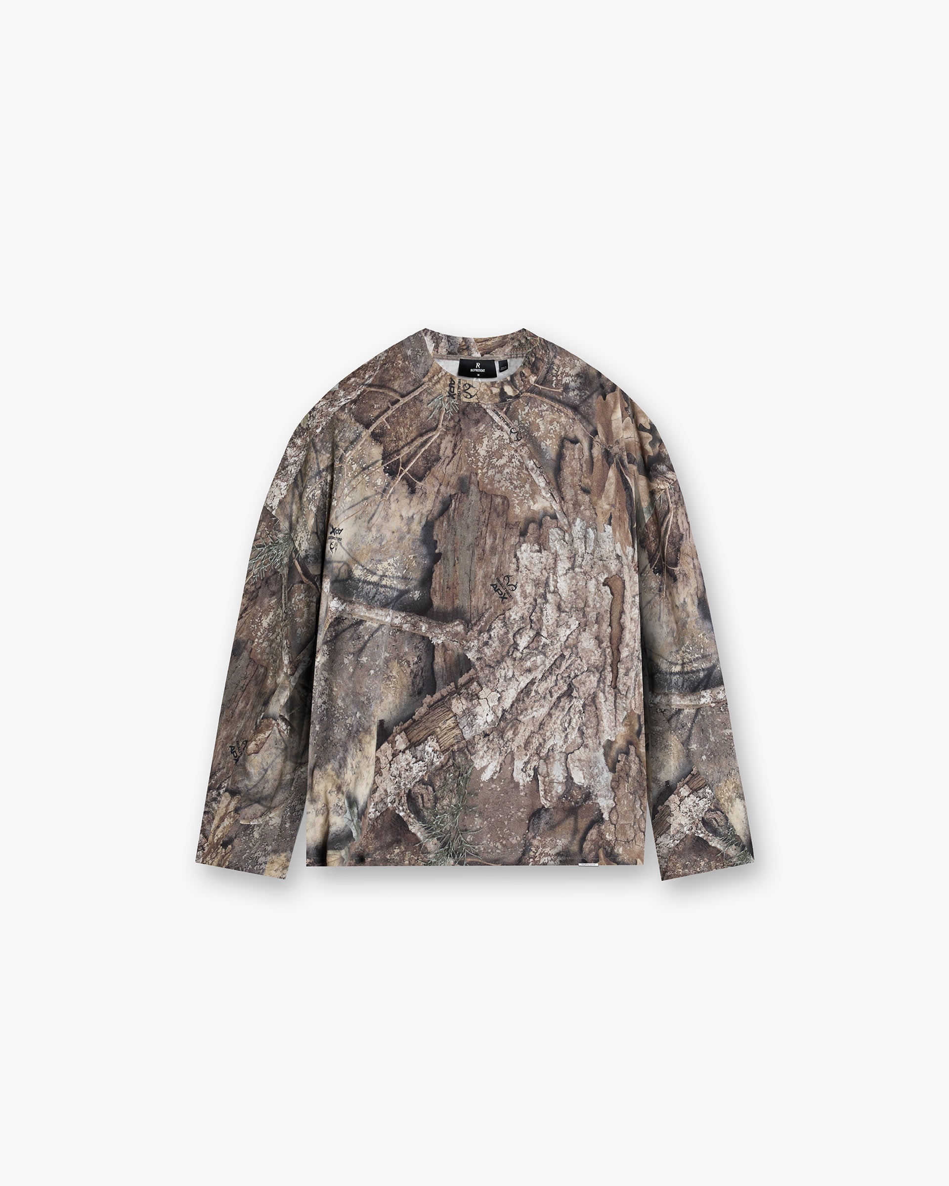 Front product image of a mens camo long sleeve t-shirt on a plain white background | Realtree Camo Long Sleeve T-Shirt in Camo | Camo t-shirt with long sleeves | SS25 T-Shirts | Represent Clo