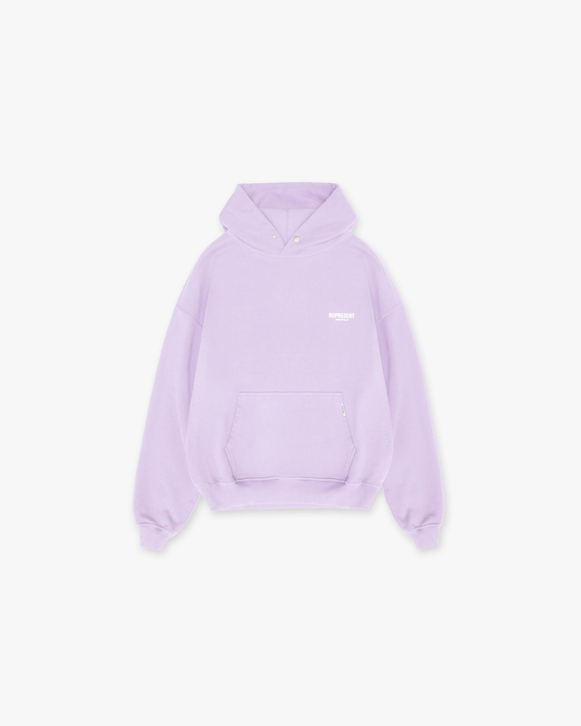 Front product image of a womens pastel lilac hoodie on a plain white background | Represent Owners Club Hoodie in Pastel Lilac | Hoodie with applique Rep logo and overlock stitching | Owners Club Hoodies | Represent Clo