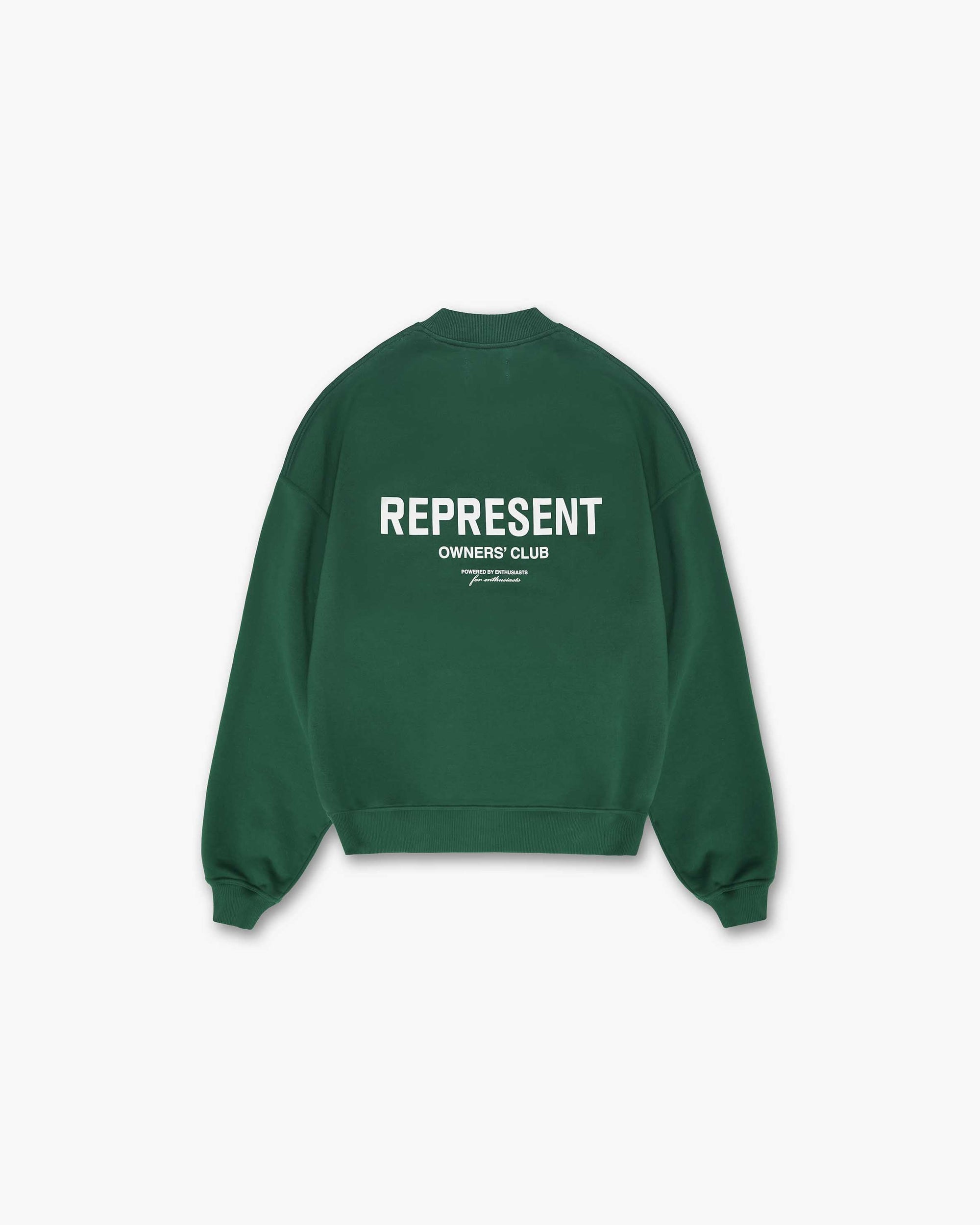 Front product image of a mens green sweater on a plain white background | Represent Owners Club Sweater in Racing Green | Relaxed fit sweater | Owners Club Sweaters | Represent Clo