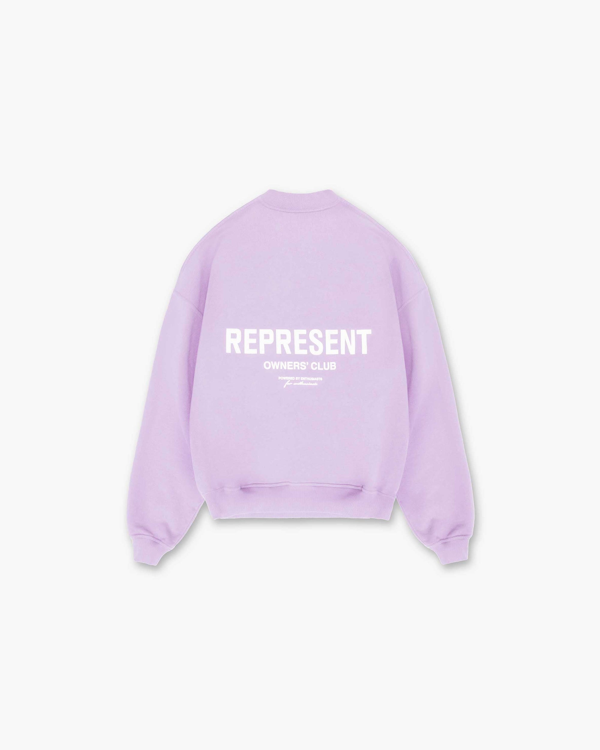 Front product image of a womens pastel lilac sweater on a plain white background | Represent Owners Club Sweater in Pastel Lilac | Sweaters with high build embroidered branding | Owners Club Sweaters | Represent Clo