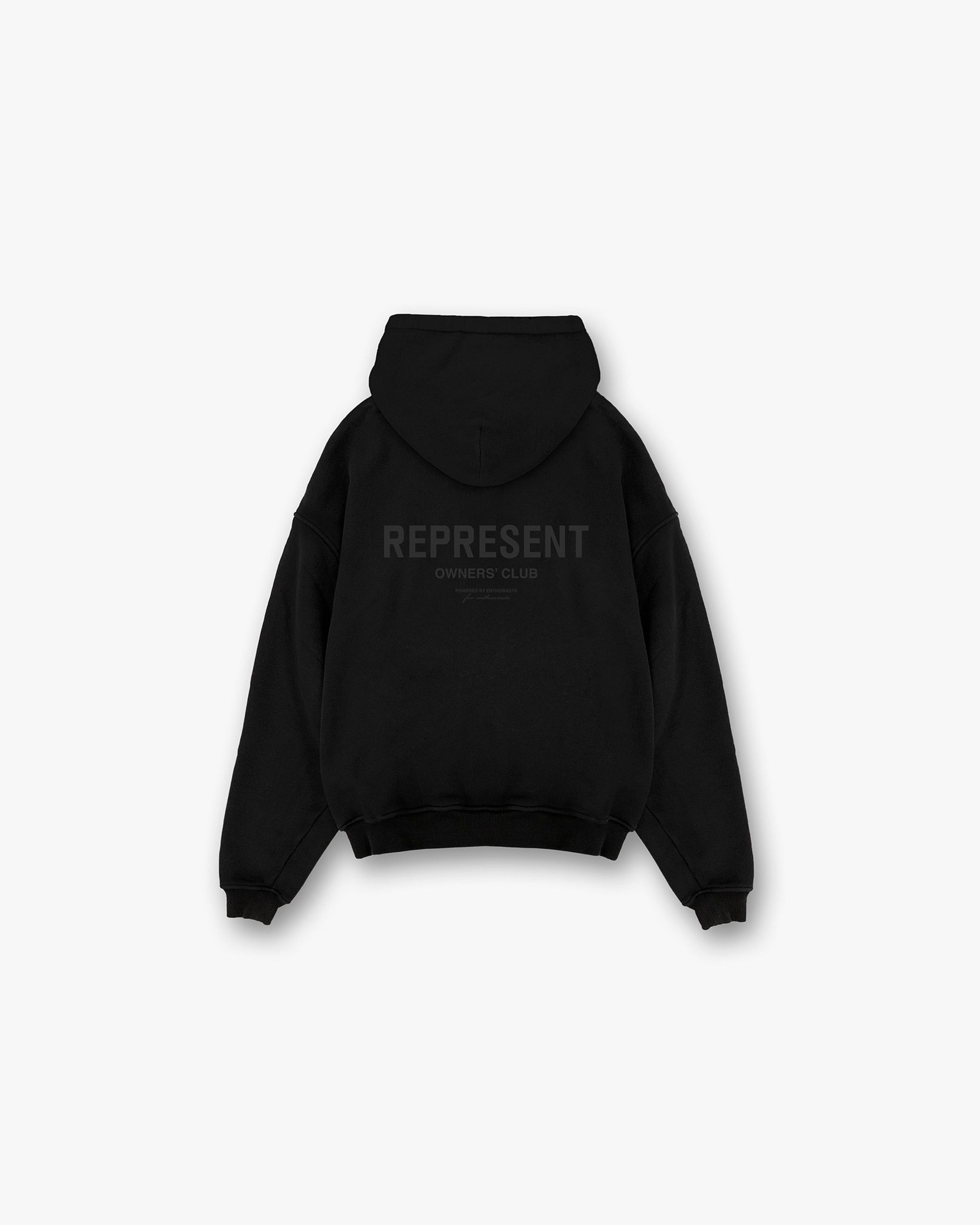 Front product image of a mens black hoodie on a plain white background | Represent Owners Club Hoodie in Black Matte | Heavyweight brushed loopback cotton hoodie | Owners Club Hoodies | Represent Clo