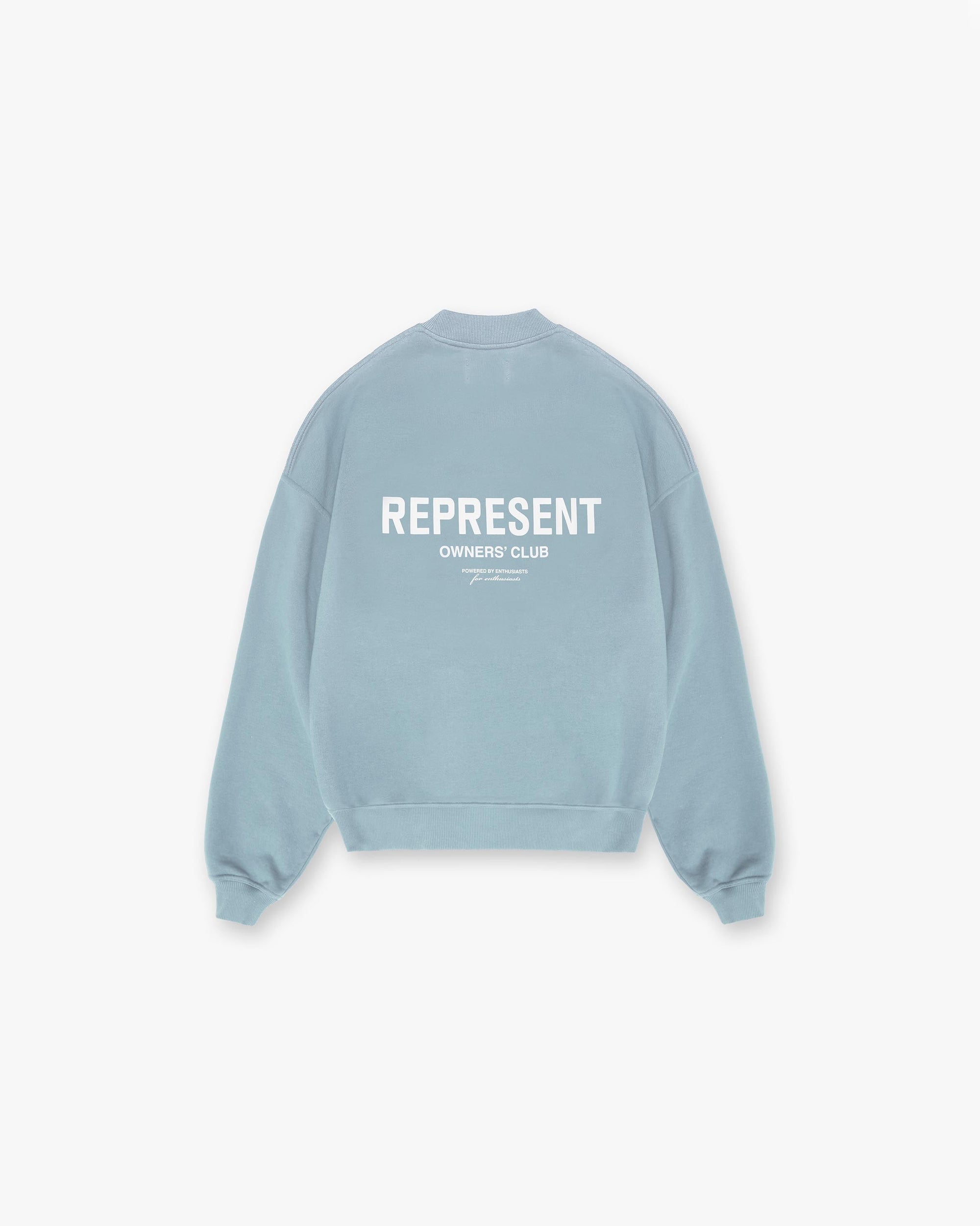 Front product image of a mens blue sweater on a plain white background | Represent Owners Club Sweater in Powder Blue | Relaxed fit sweater with Owners Club print | Owners Club Sweaters | Represent Clo