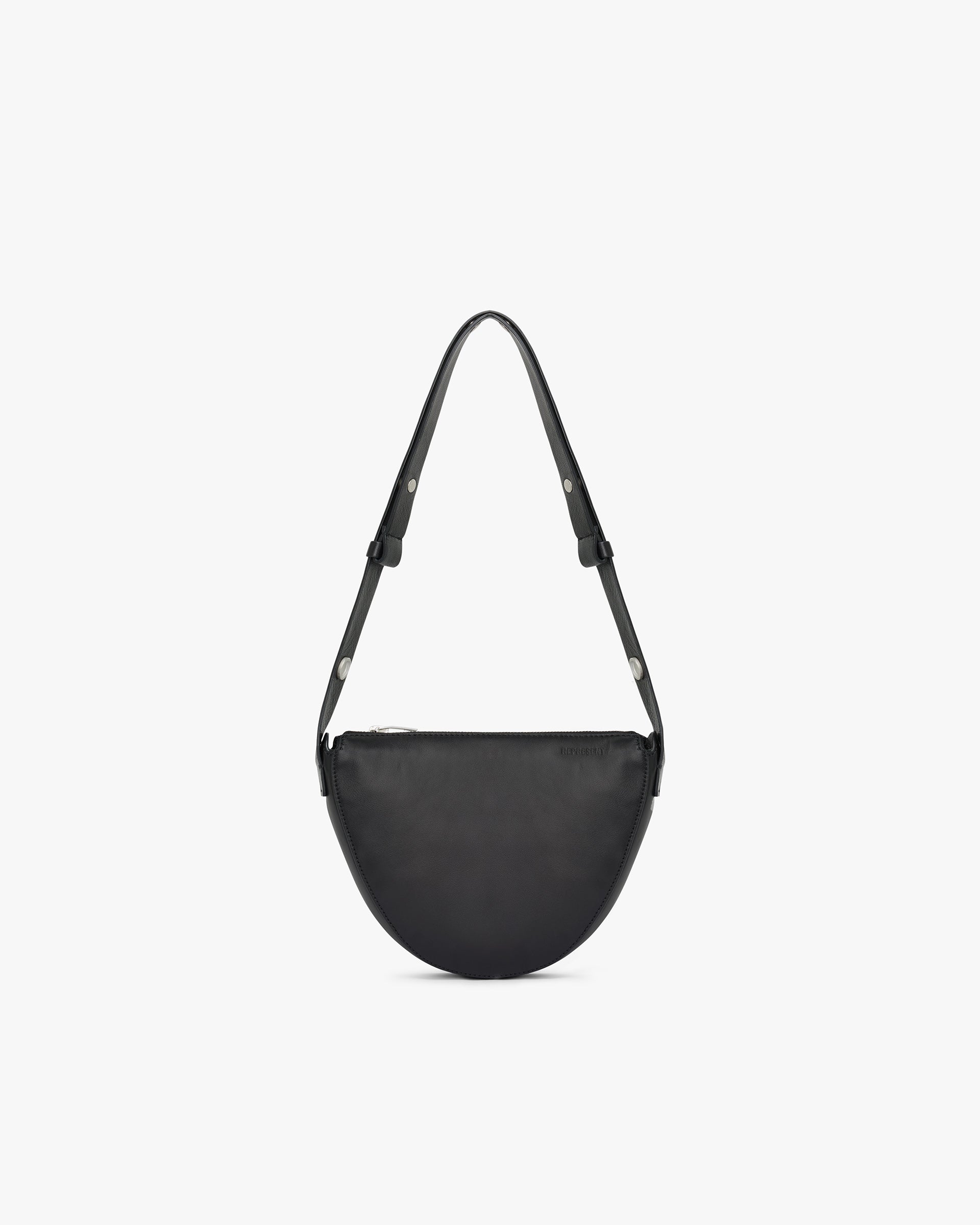 Front product image of a womens black bag on a plain white background | Saddle Bag in Black | Stylish and functional women's saddle bag | Womens SS25 Accessories | Represent Clo