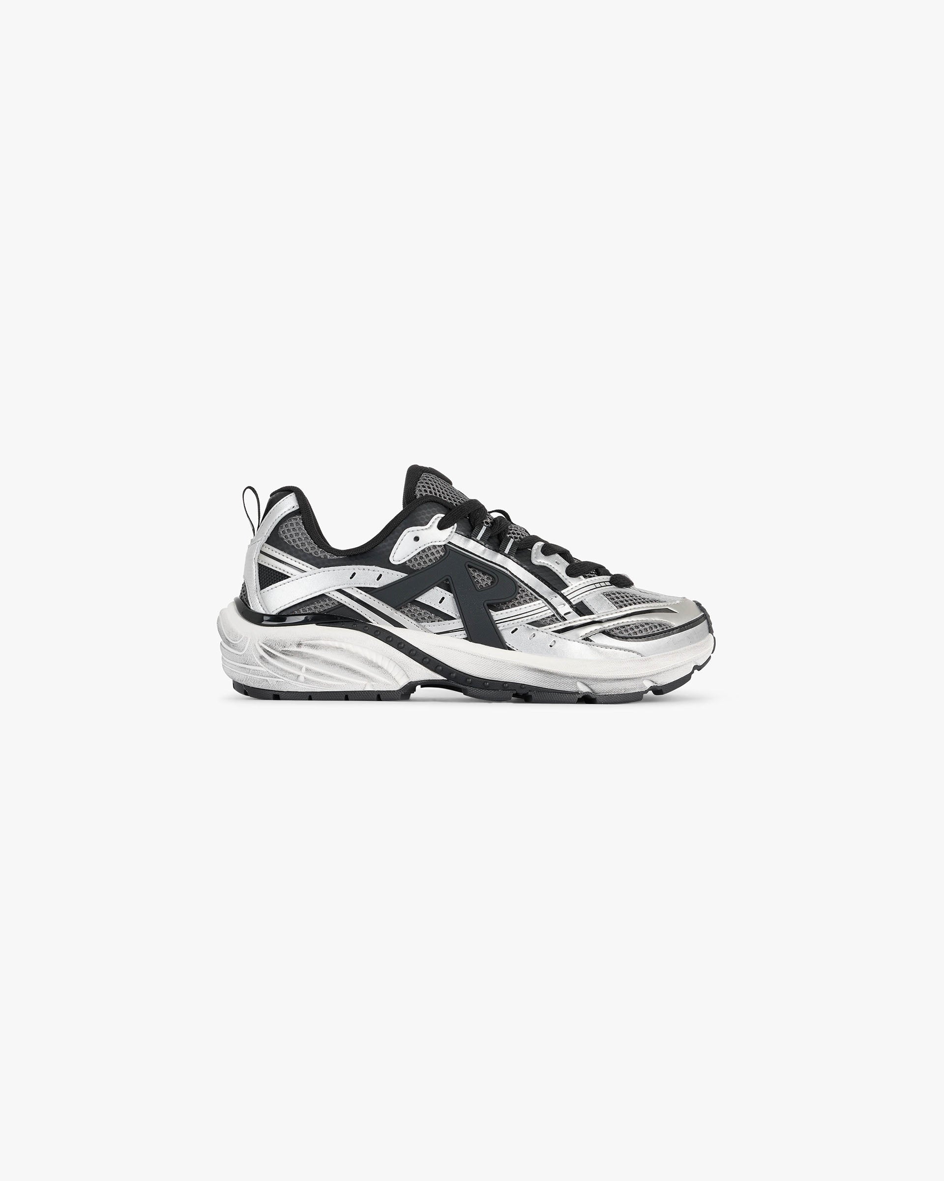 Front product image of a mens silver black footwear on a plain white background | Storm Runner in Silver Black | Lightweight quick-dry antibacterial gym top | FW24 Footwear | Represent Clo