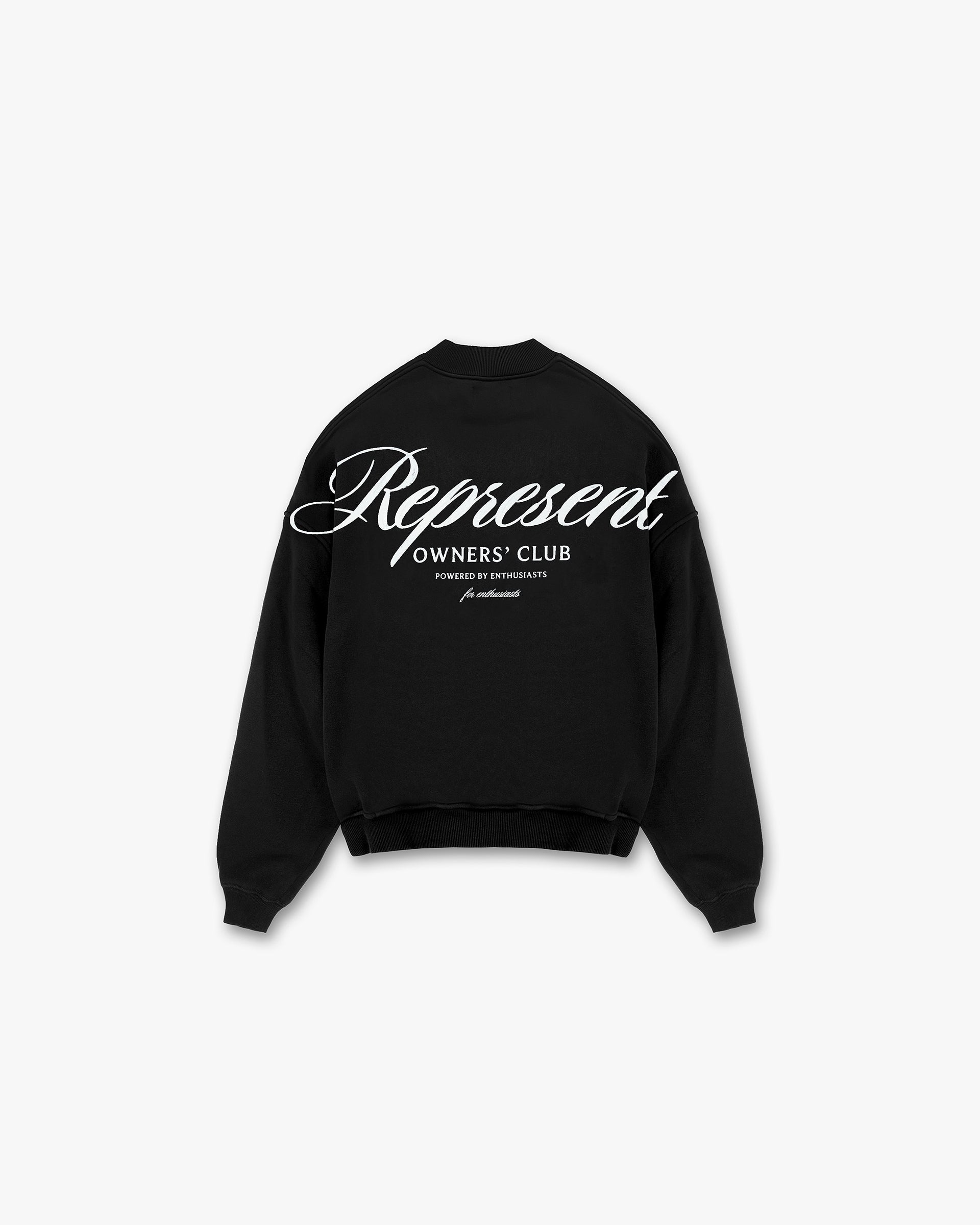 Back product image of a mens black sweater on a plain white background | Represent Owners Club Script Sweater in Black | Sweater with ribbed trims and back graphic | Owners Club Sweaters | Represent Clo