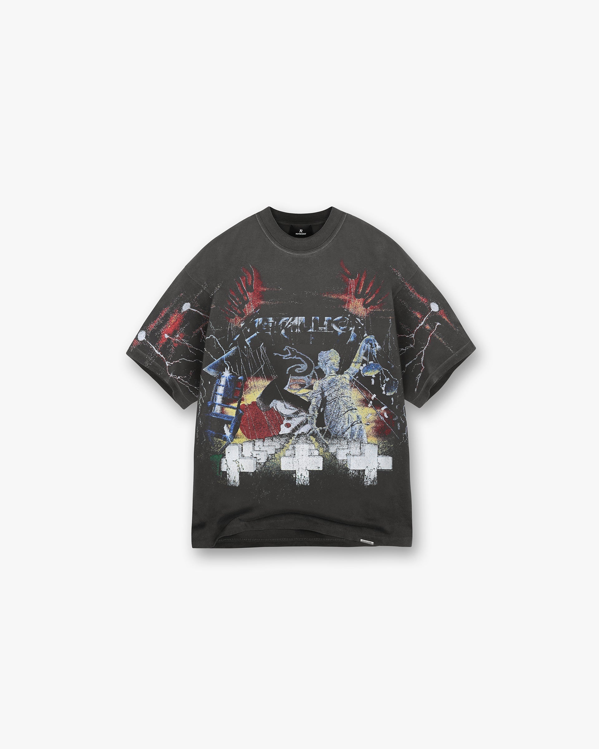 Front product image of a mens grey graphic t-shirt on a plain white background | Represent X Metallica Master Of Puppets T-Shirt in Vintage Grey | Graphic t-shirt with Metallica design | SS24 T-Shirts | Represent Clo