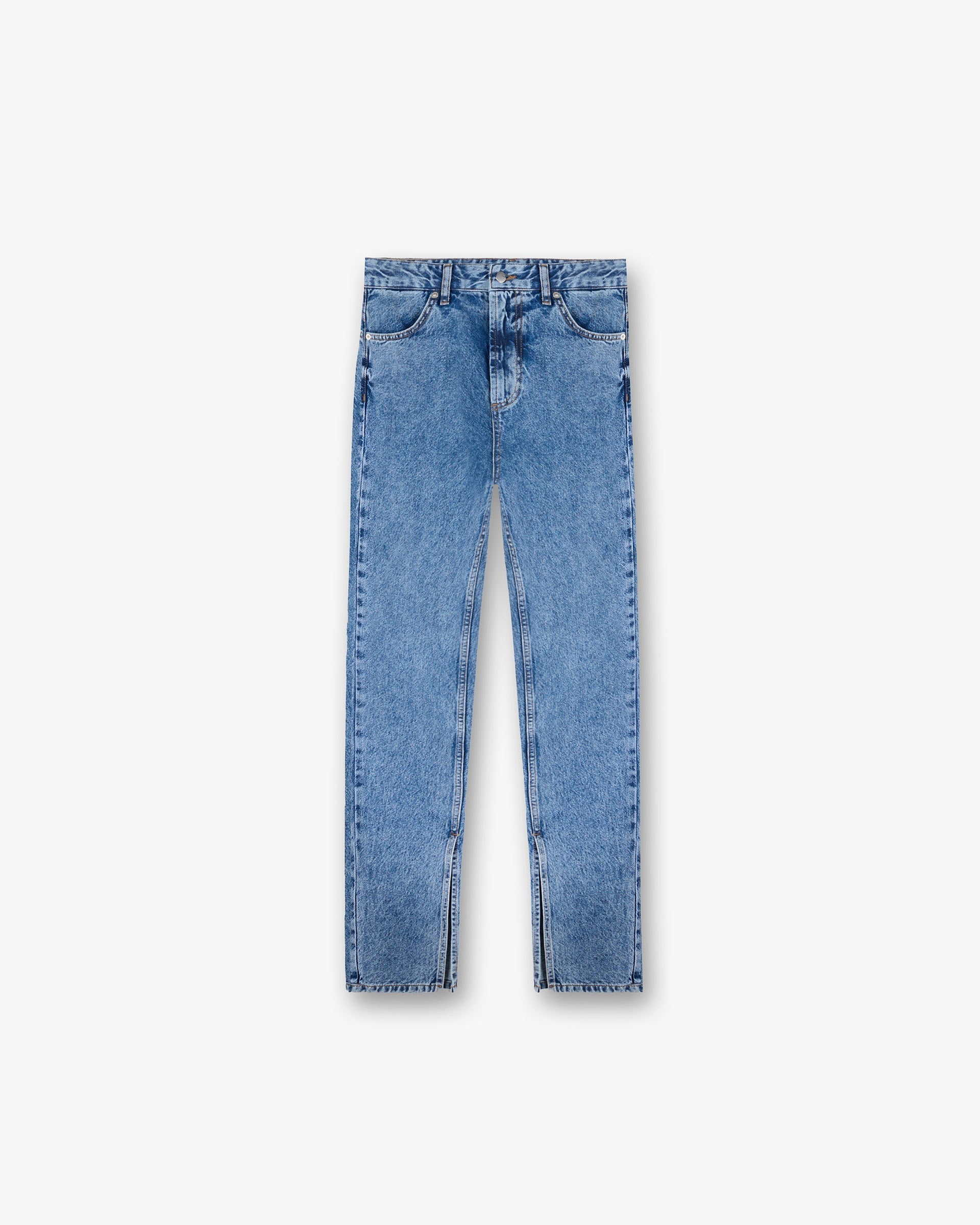 Front product image of womens blue jeans on a plain white background | Split Hem Straight Jean in Washed Blue | High-rise straight leg jeans with brushed nickel rivets | Womens SS25 Jeans | Represent Clo
