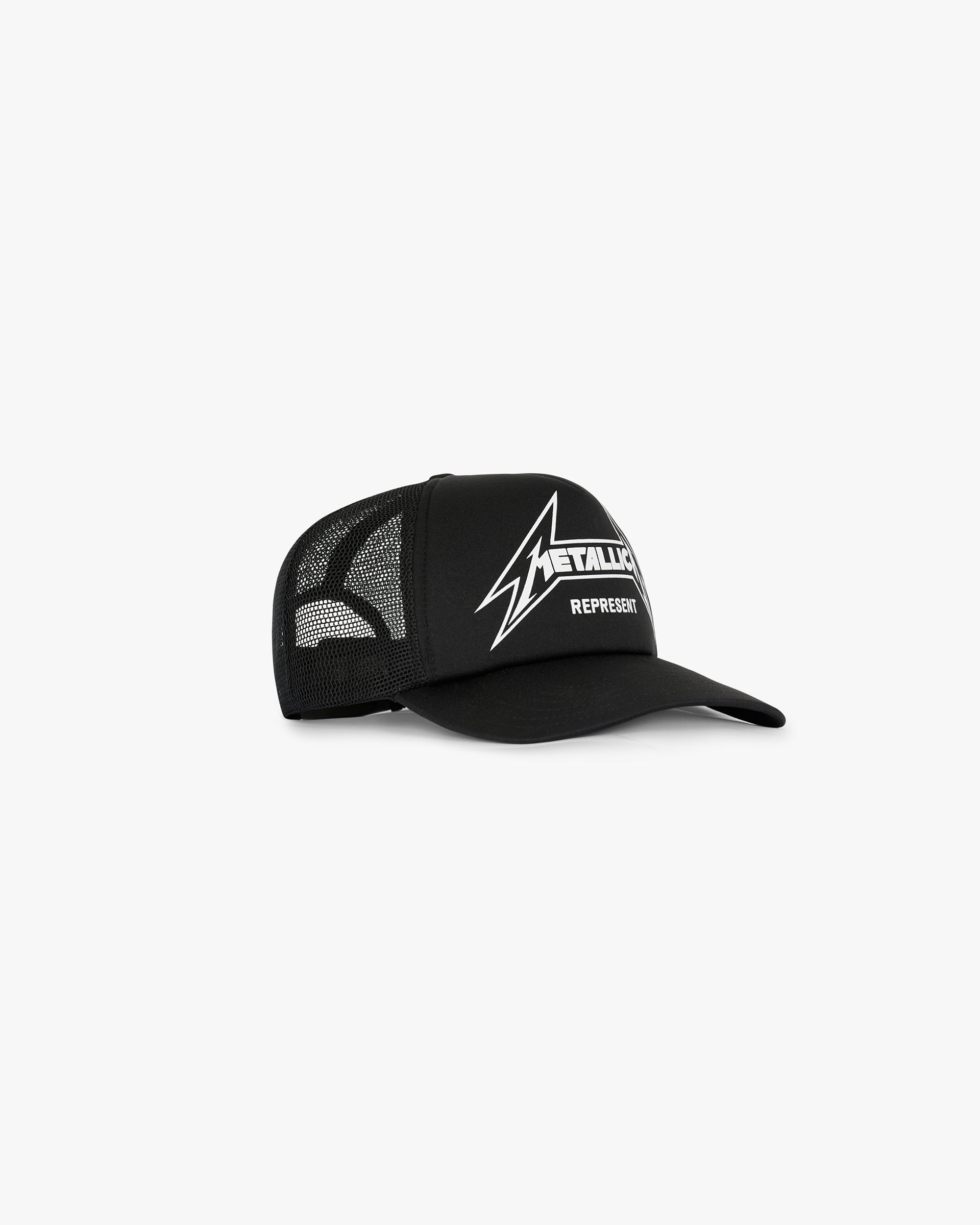 Front product image of a mens black cap on a plain white background | Represent X Metallica Cap in Black | Cap with Metallica branding | SS24 Accessories | Represent Clo