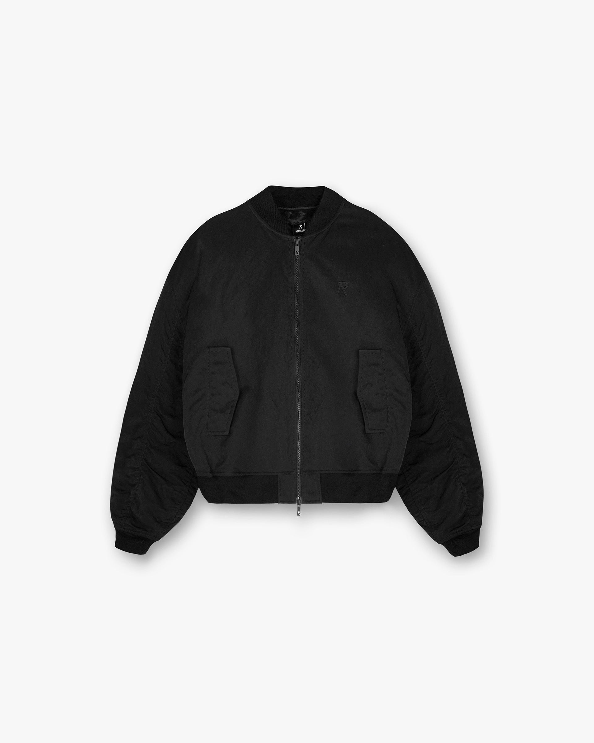 Front product image of a womens black cotton jacket on a plain white background | Subway Jacket in Jet Black | Cotton jacket with double zips and chest pocket | Womens SS25 Outerwear | Represent Clo