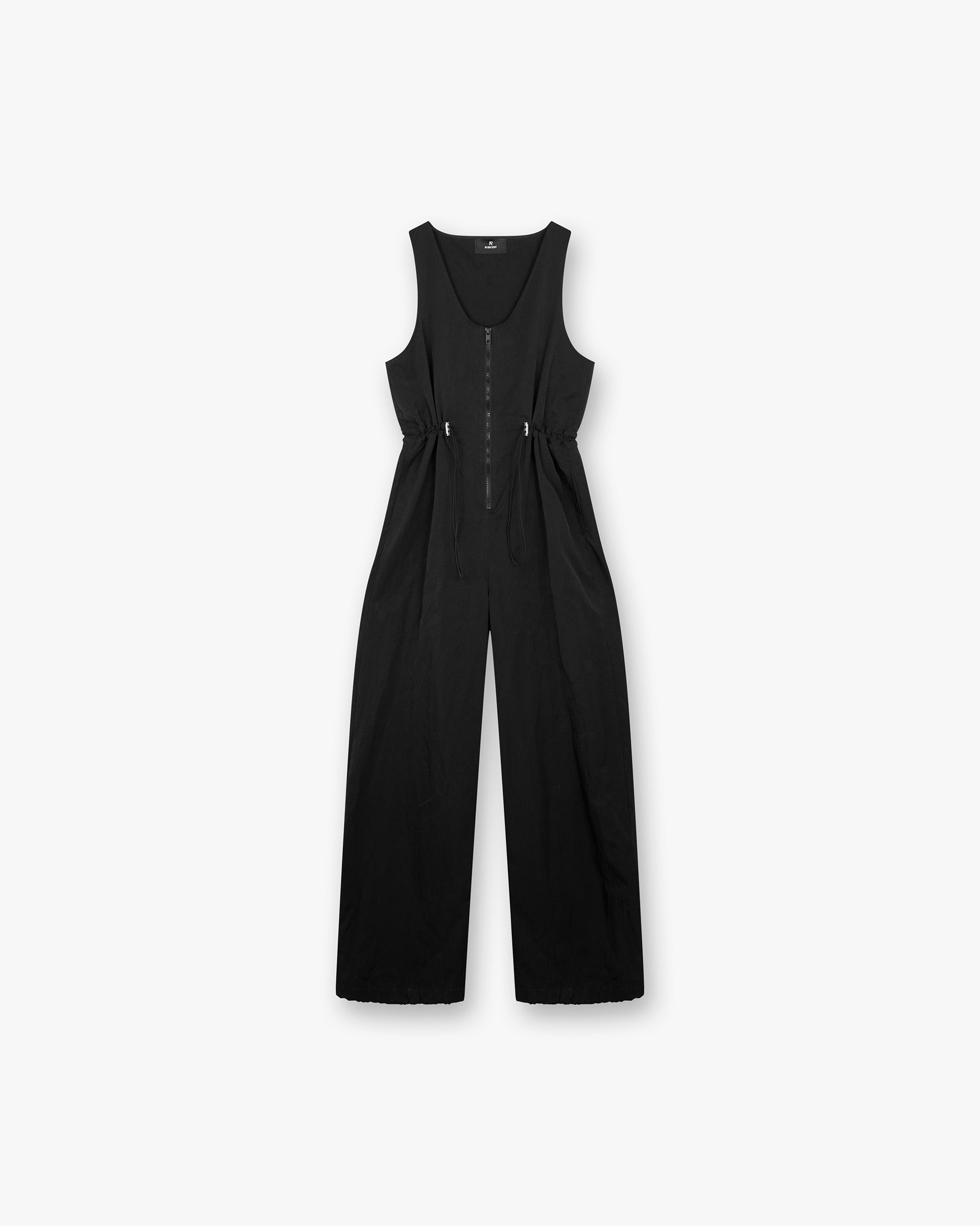 Front product image of a womens black jumpsuit on a plain white background | Subway Jumpsuit in Jet Black | Jumpsuit with hybrid-style waistband and cargo pockets | Womens SS25 Jumpsuits | Represent Clo