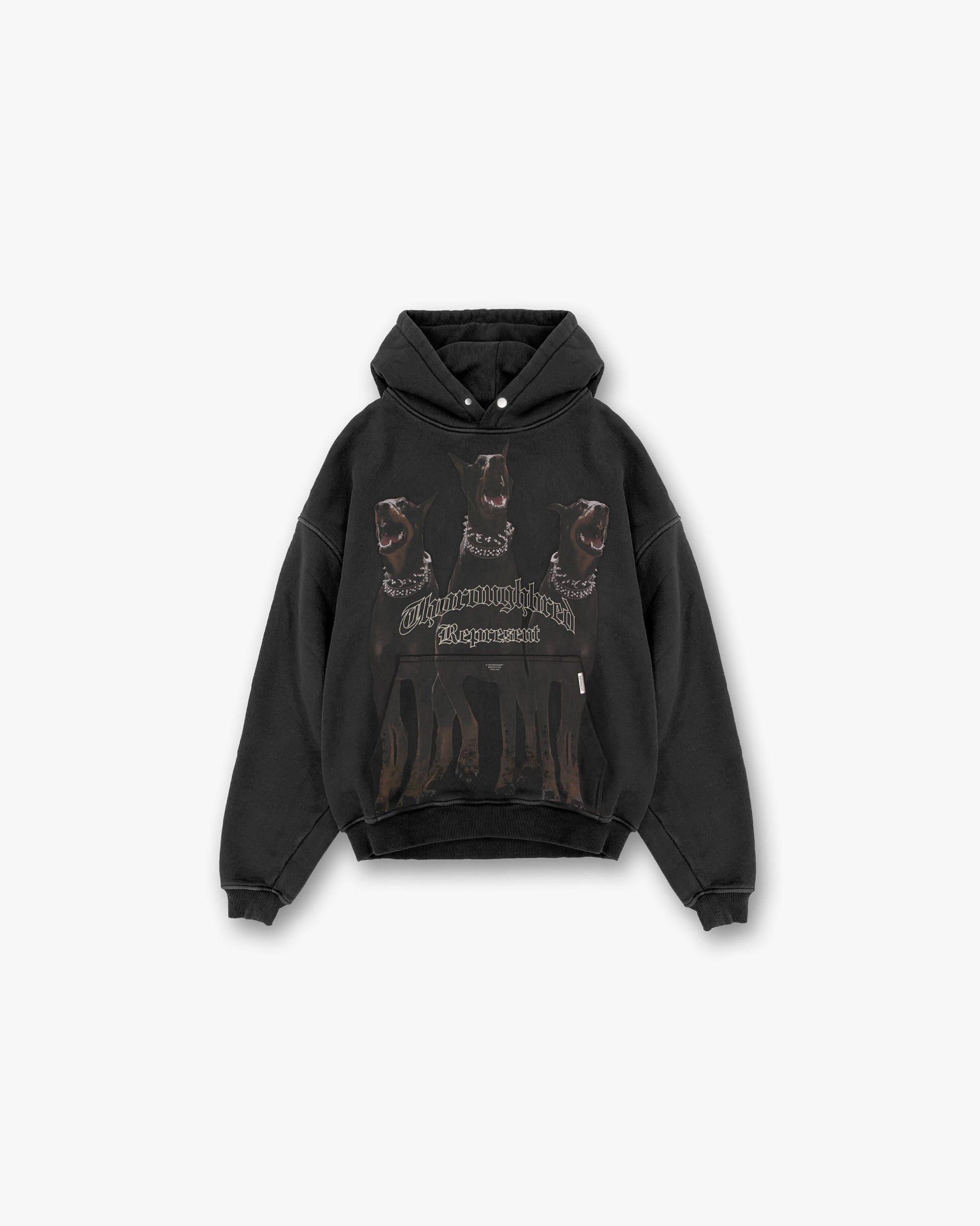 Front product image of a mens black hoodie on a plain white background | Thoroughbred Hoodie in Vintage Black | Hoodie with metal bar detailing | FW21 Hoodies | Represent Clo