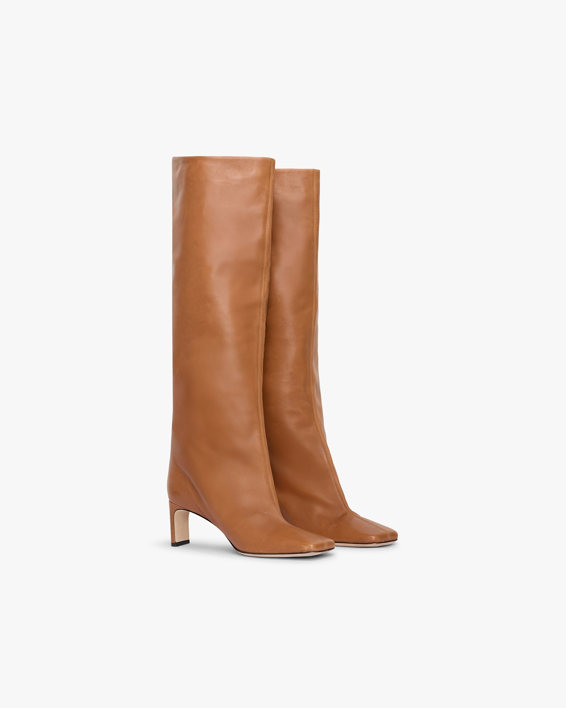 Back product image of a womens tan knee boot on a plain white background | Square Toe Knee Boot in Tan | Knee high boot with square toe and set back heel | Womens SS25 Footwear | Represent Clo
