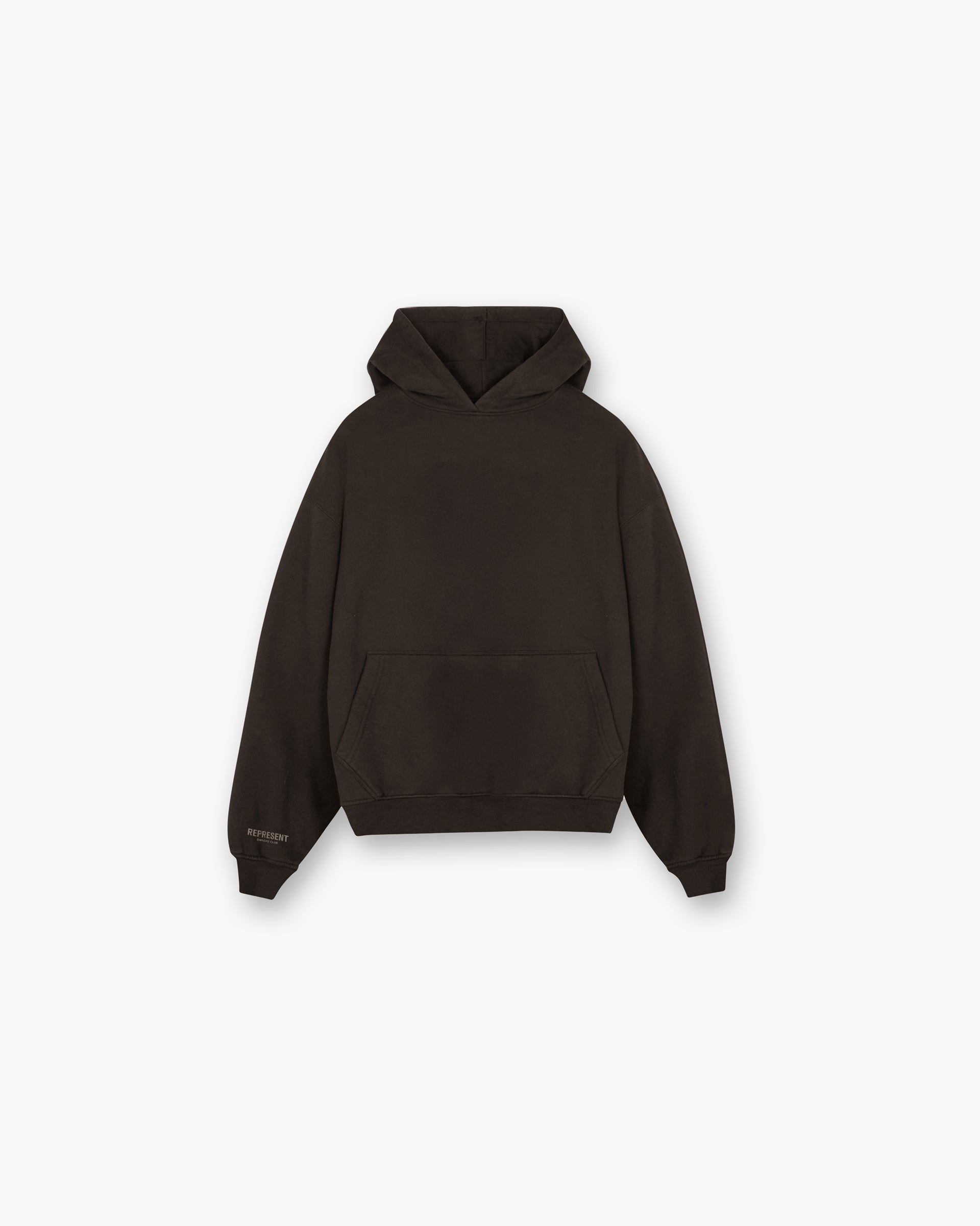 Front product image of a womens black hoodie on a plain white background | Owners Club Boyfriend Hoodie in Black Coffee | Polyamide blend hoodie | Womens Owners Club Hoodies | Represent Clo