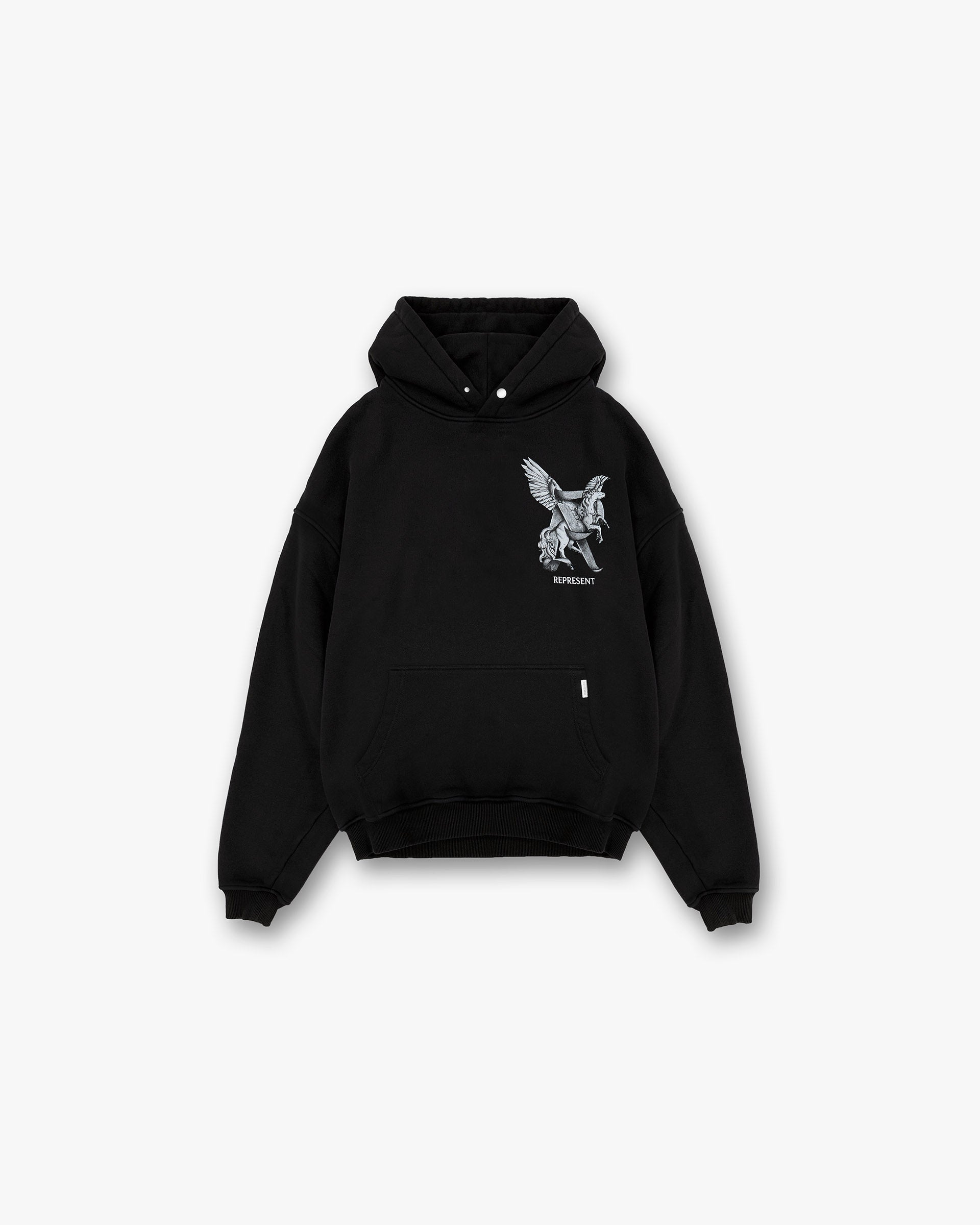 Front product image of a mens black hoodie on a plain white background | Elegance In Motion Hoodie in Jet Black | Hoodie with brushed vintage feel cotton and racing initial R logo | SS25 Hoodies | Represent Clo