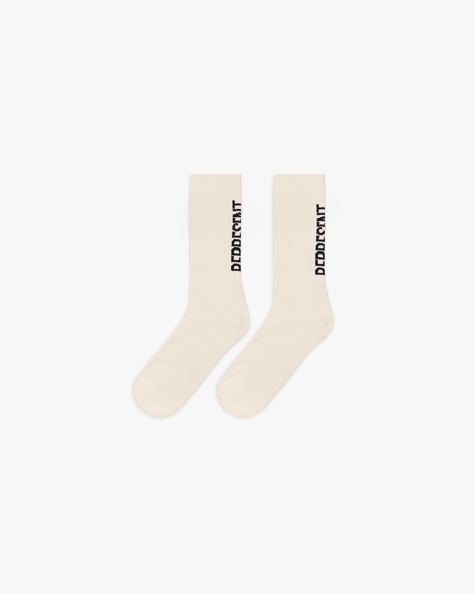 Back product image of mens white socks on a plain white background | Represent Logo Socks in Antique White | Socks with black branding | SS25 Accessories | Represent Clo