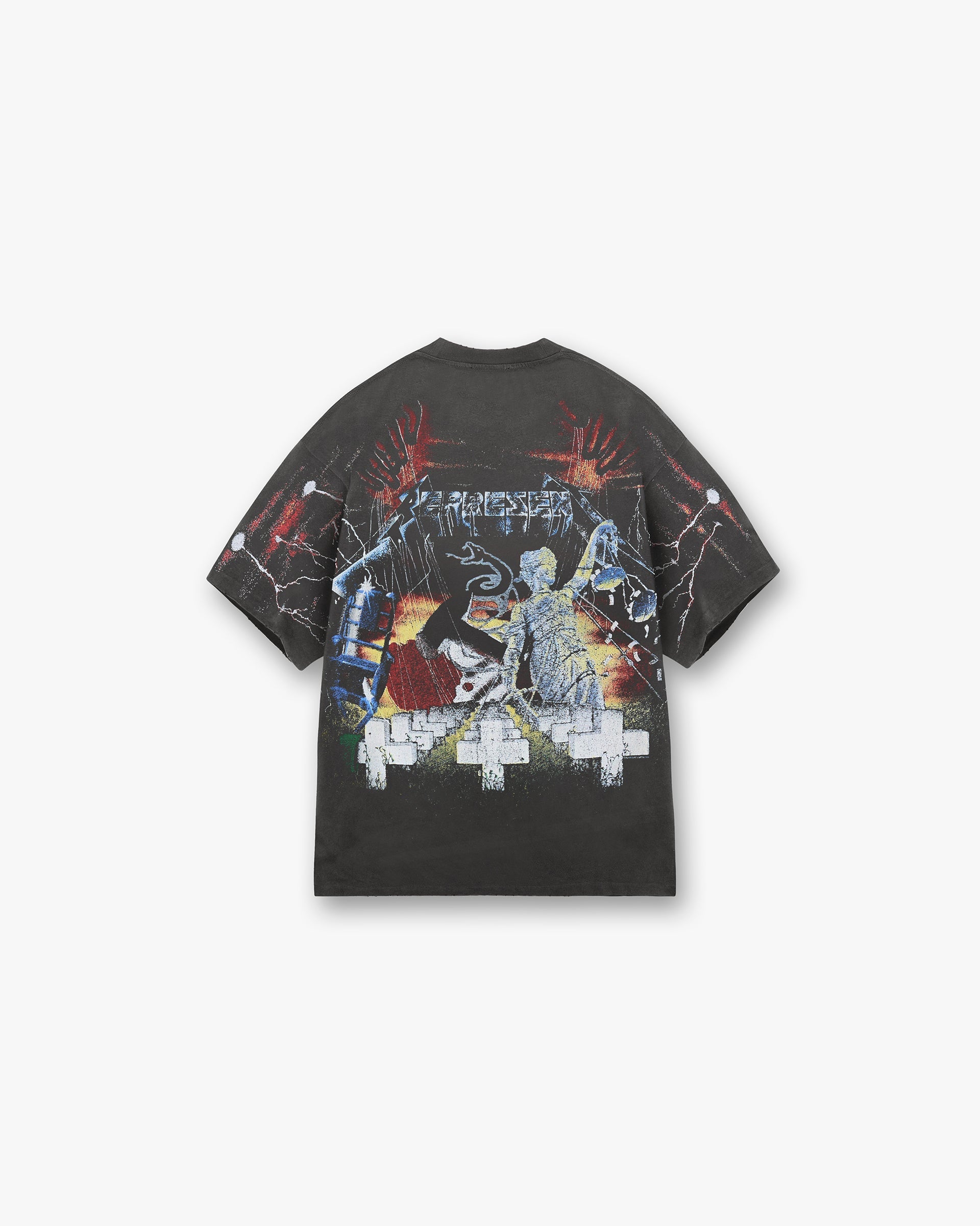 Back product image of a mens grey t-shirt on a plain white background | Represent X Metallica Master Of Puppets T-Shirt in Vintage Grey | Graphic t-shirt with oversized fit | SS24 T-Shirts | Represent Clo