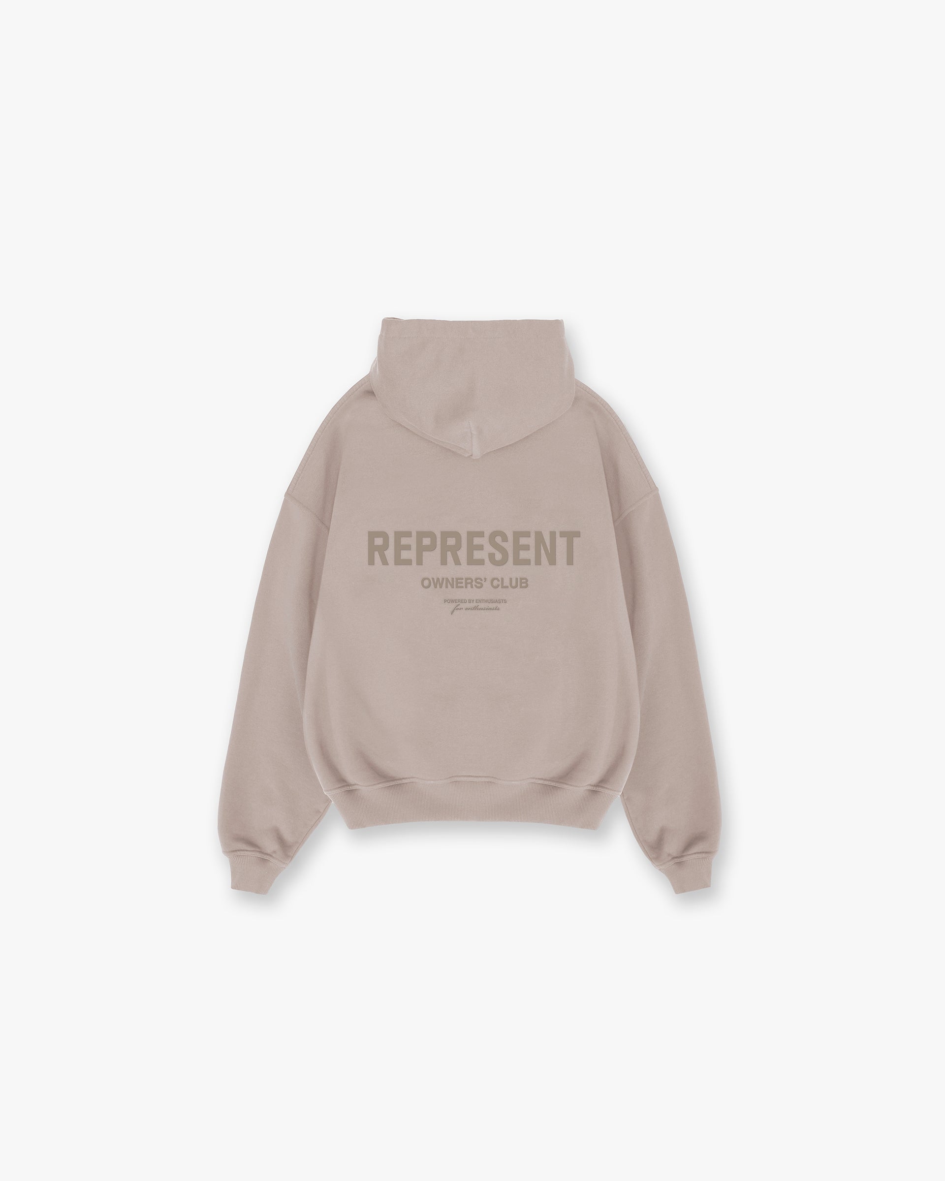 Front product image of a mens mushroom hoodie on a plain white background | Represent Owners Club Hoodie in Mushroom | Classic fit hoodie with signature branding | Owners Club Hoodies | Represent Clo