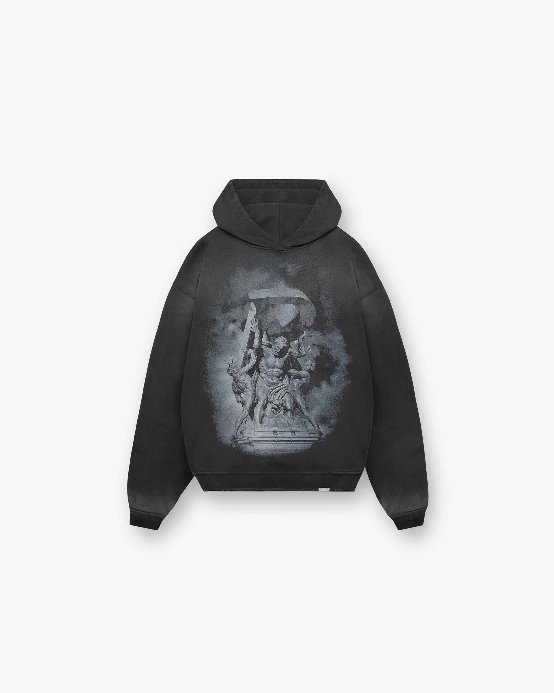 Front product image of a mens black hoodie on a plain white background | Atlas Hoodie in Stained Black | Slightly oversized hoodie | FW24 Hoodies | Represent Clo