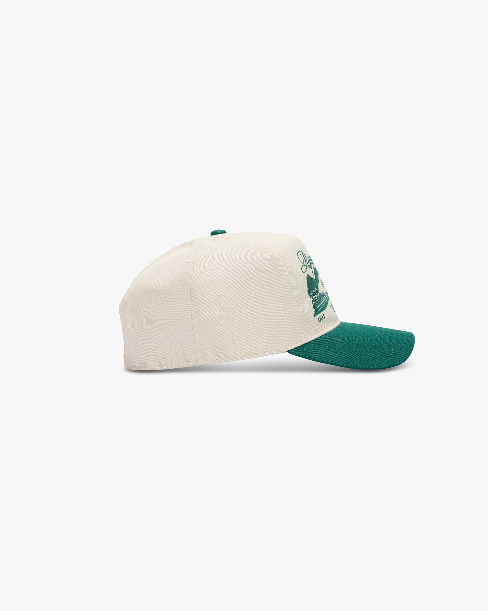 Back product image of a mens white and green cap on a plain white background | Raceway Cap in Antique White Forest Green | Snapback cap with embroidered branding | SS25 Accessories | Represent Clo