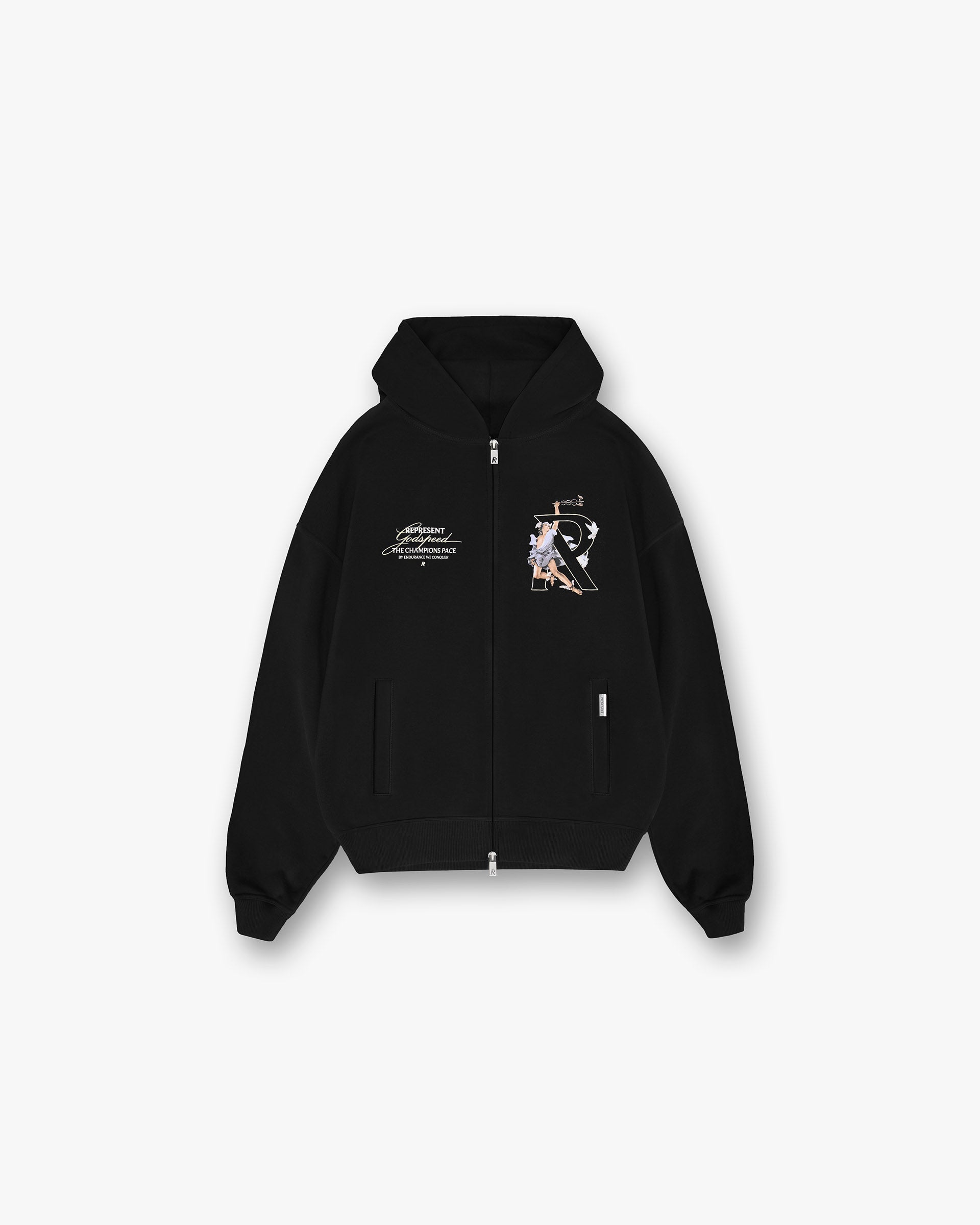 Front product image of a mens black zip hoodie on a plain white background | Hermes Zip Hoodie in Jet Black | Zip hoodie with adjustable fit and oversized style | FW24 Hoodies | Represent Clo