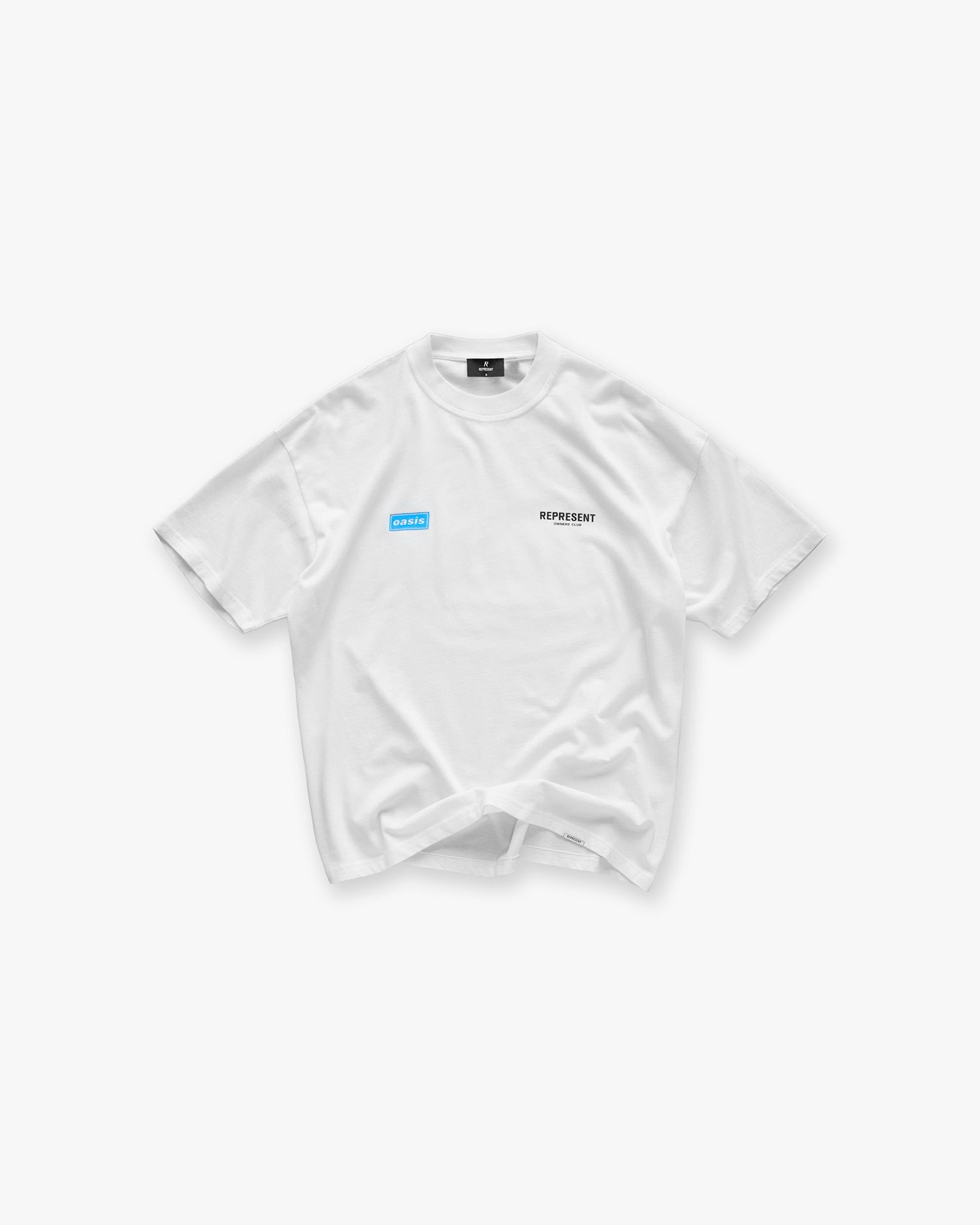 Front product image of a mens white t-shirt on a plain white background | Represent X Oasis Owners Club T-Shirt in Flat White | Classic t-shirt design | FW24 T-Shirts | Represent Clo