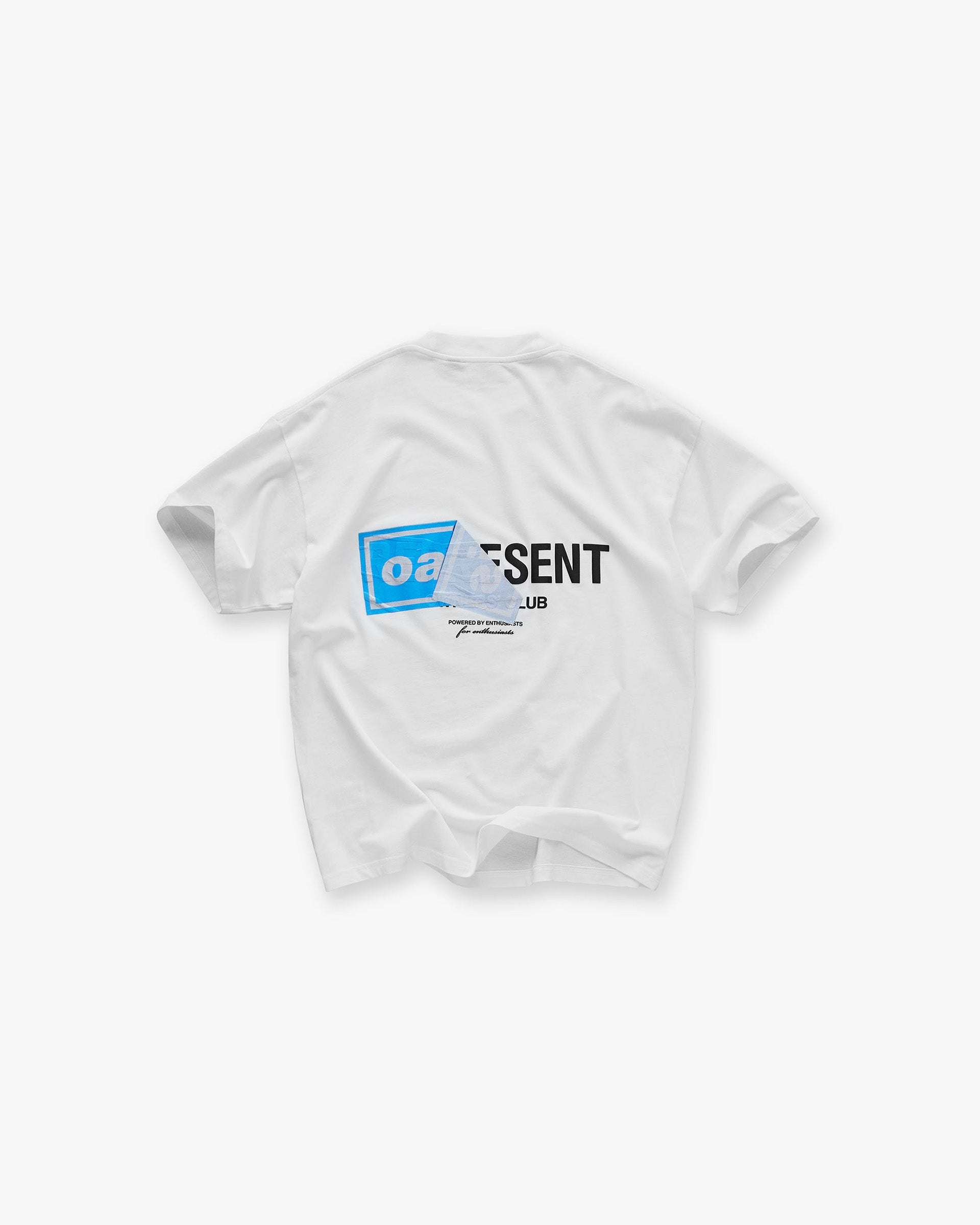 Back product image of a mens white t-shirt on a plain white background | Represent X Oasis Owners Club T-Shirt in Flat White | Oversized t-shirt with back graphic | FW24 T-Shirts | Represent Clo