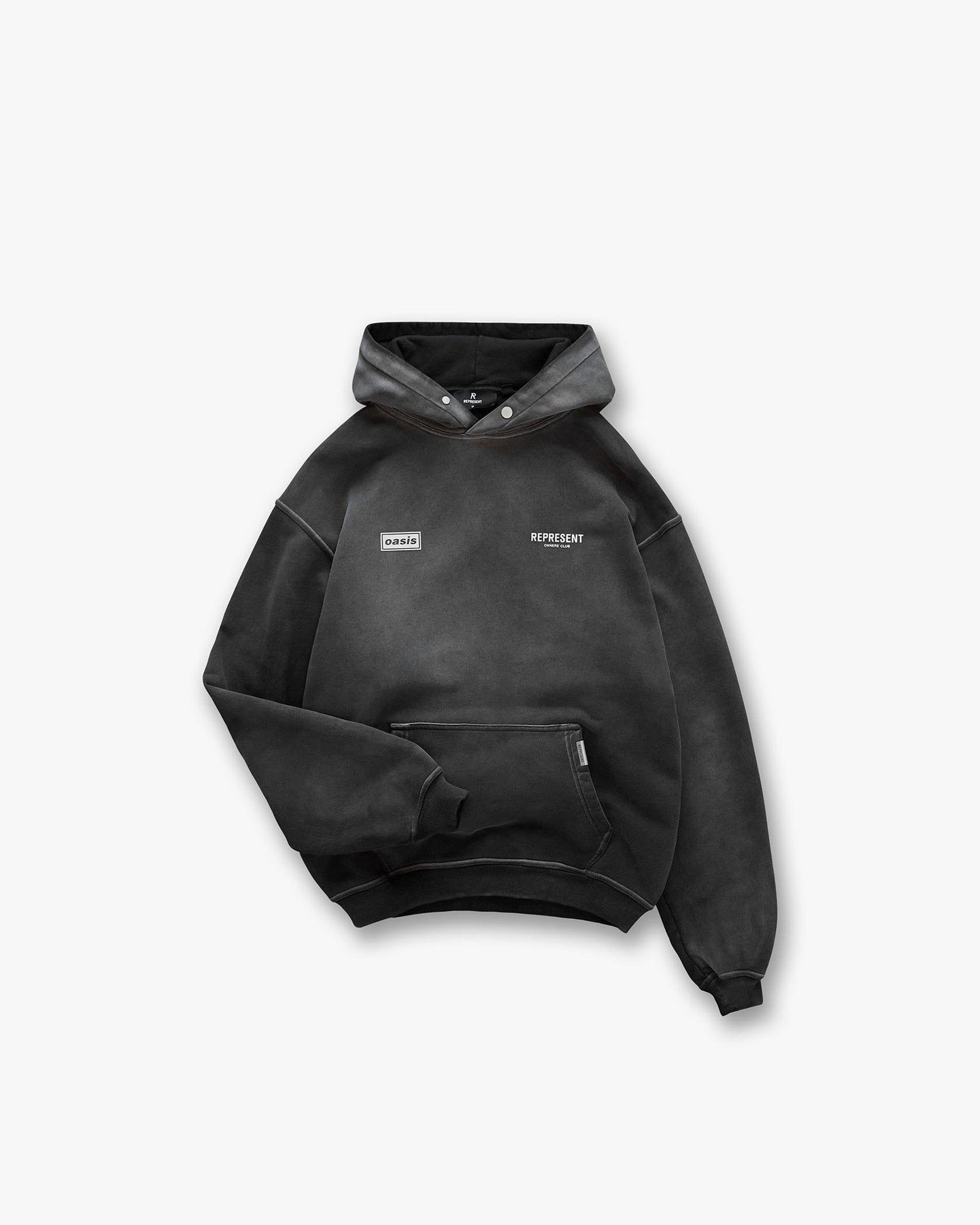 Front product image of a mens black hoodie on a plain white background | Represent X Oasis Owners Club Hoodie in Stained Black | Hoodie with regular fit and metal bar detail | FW24 Hoodies | Represent Clo
