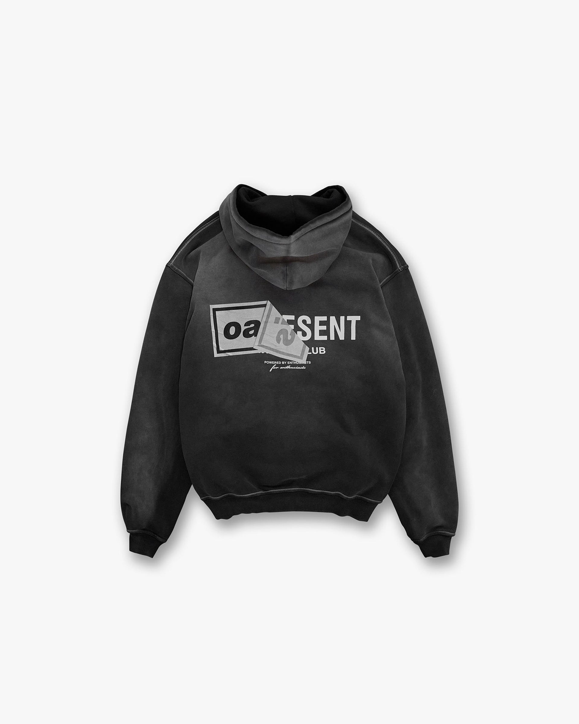 Back product image of a mens black hoodie on a plain white background | Represent X Oasis Owners Club Hoodie in Stained Black | Oversized fit hoodie with Oasis artwork | FW24 Hoodies | Represent Clo