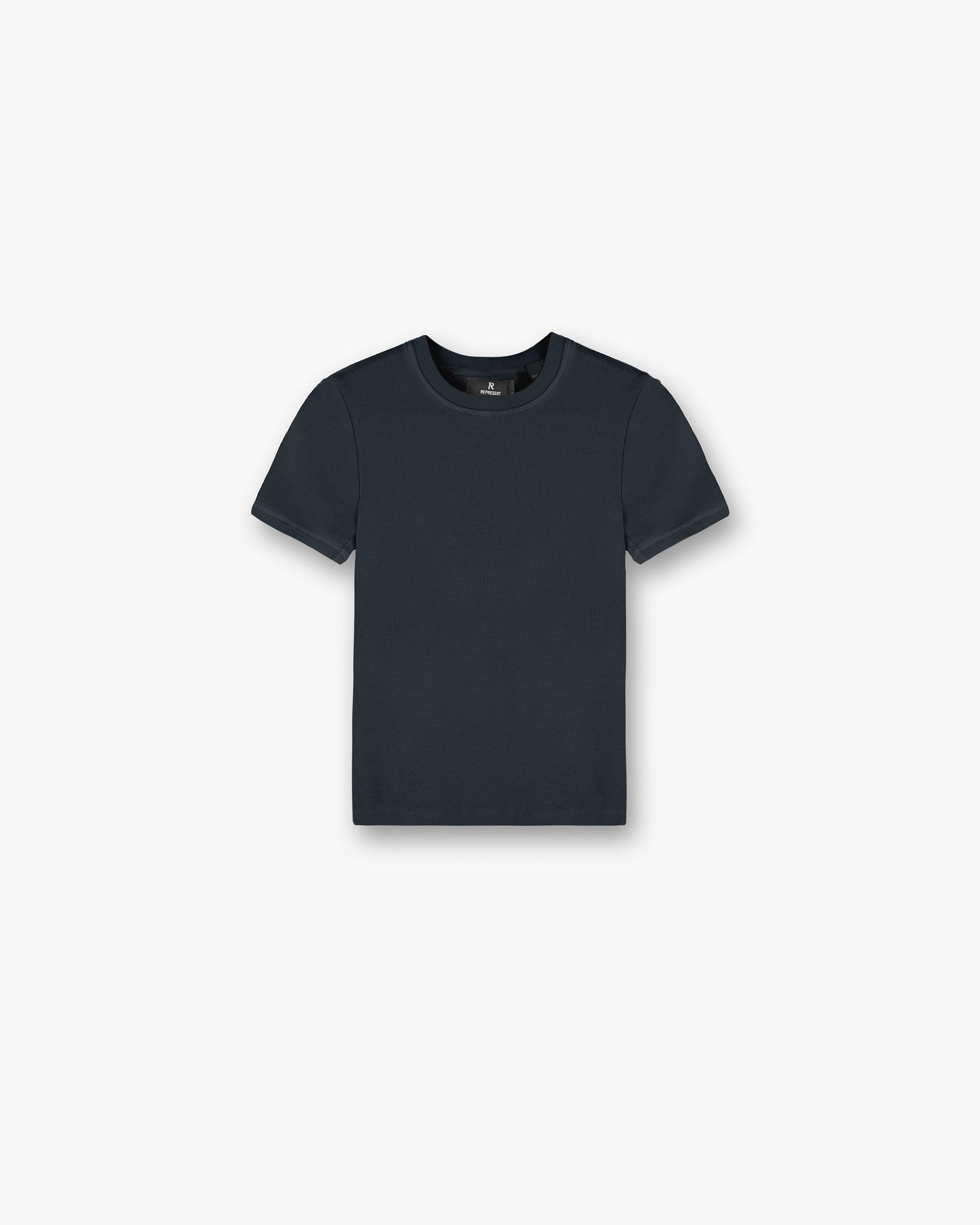 Front product image of a womens black t-shirt on a plain white background | Initial Rib Baby T-Shirt in Washed Black | Ribbed womens t-shirt | Womens Initial Tops | Represent Clo