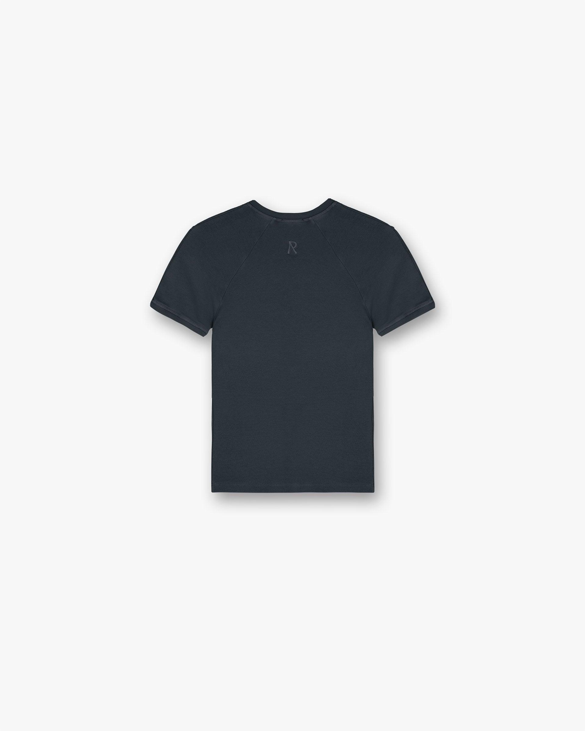 Back product image of a womens black t-shirt on a plain white background | Initial Rib Baby T-Shirt in Washed Black | Cropped waist length ribbed top | Womens Initial Tops | Represent Clo