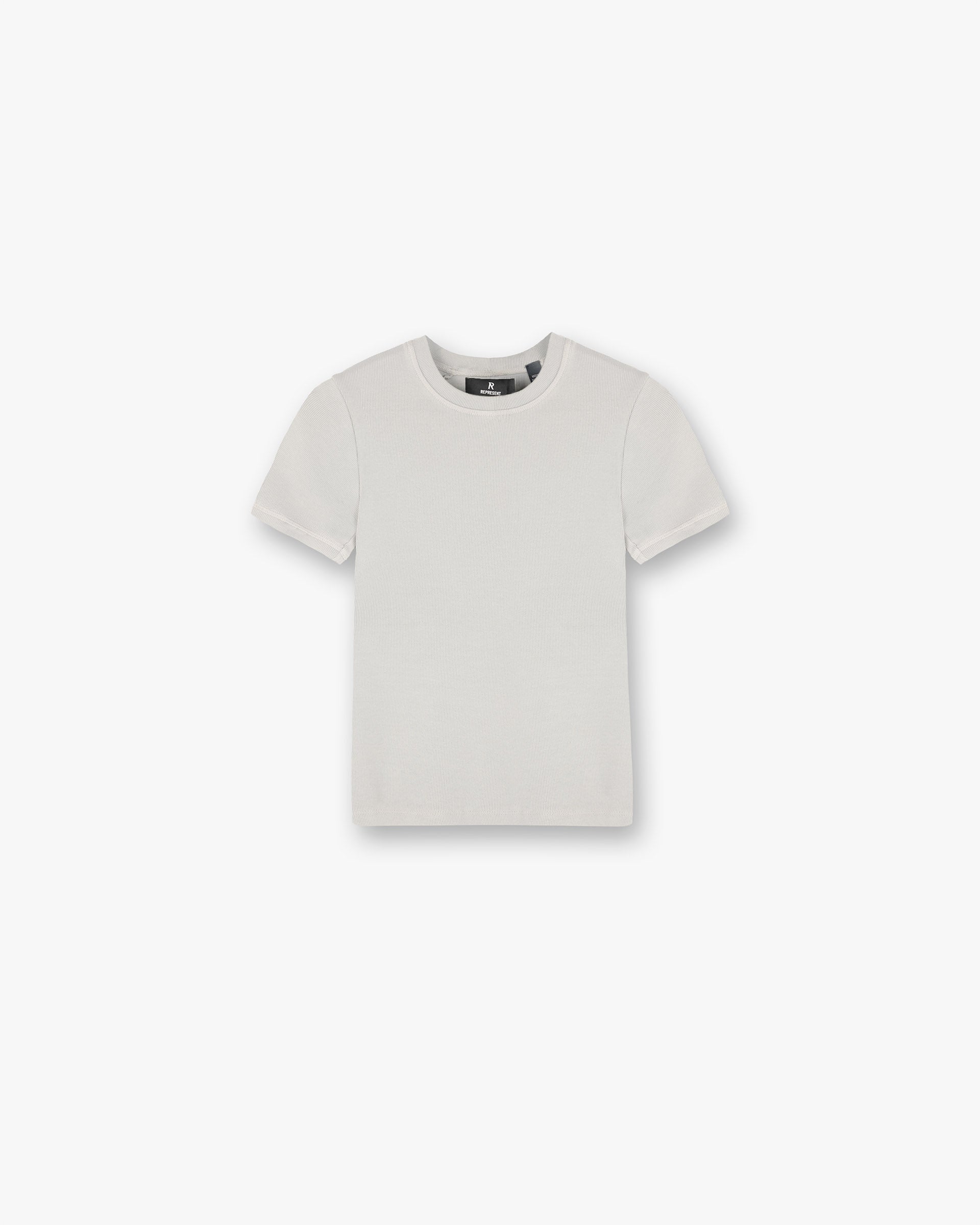 Front product image of a womens sage t-shirt on a plain white background | Initial Rib Baby T-Shirt in Storm | Viscose blend womens top | Womens Initial Tops | Represent Clo