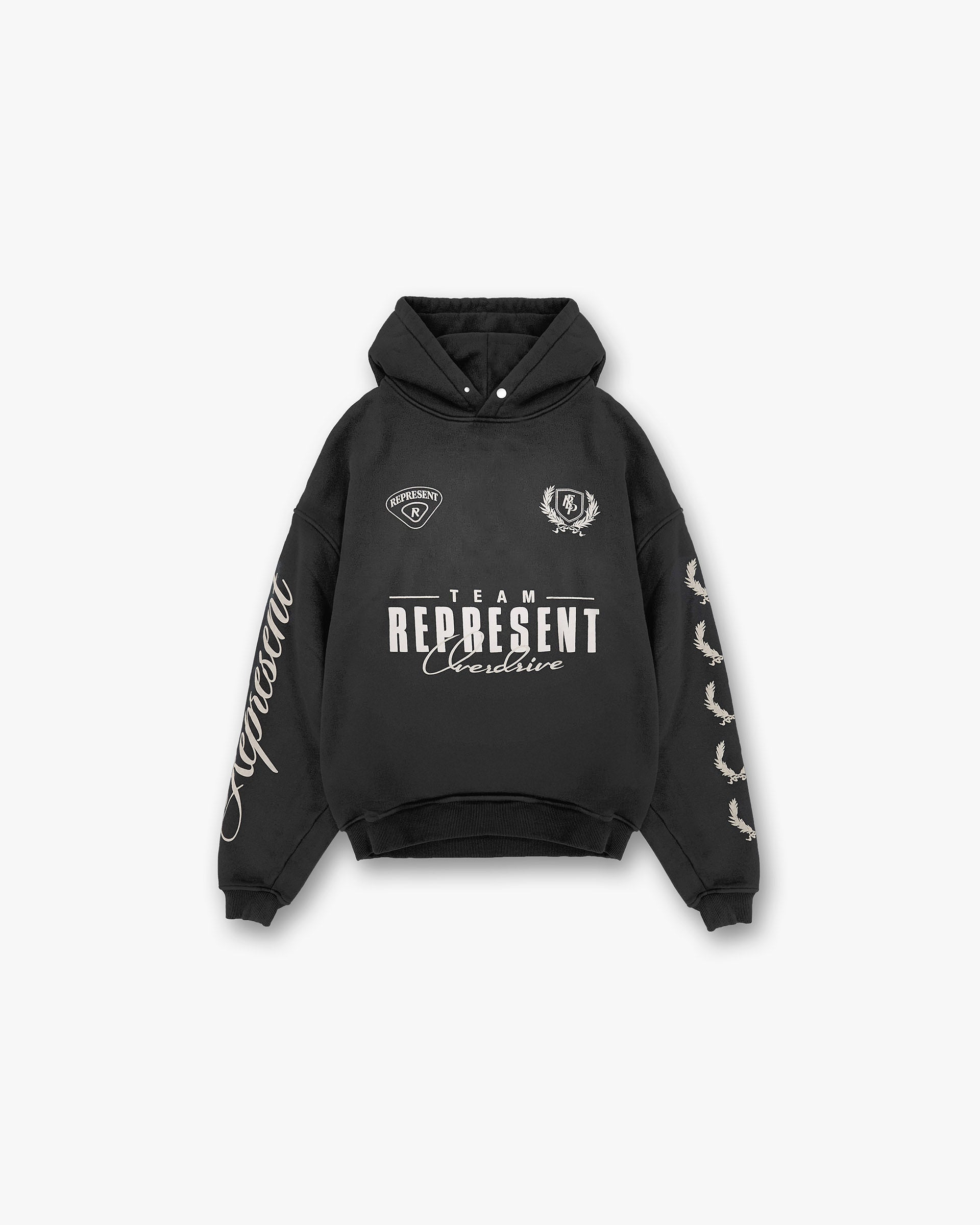 Front product image of a mens black hoodie on a plain white background | World Championship Hoodie in Stained Black | Viscose blend hoodie | SS25 Hoodies | Represent Clo