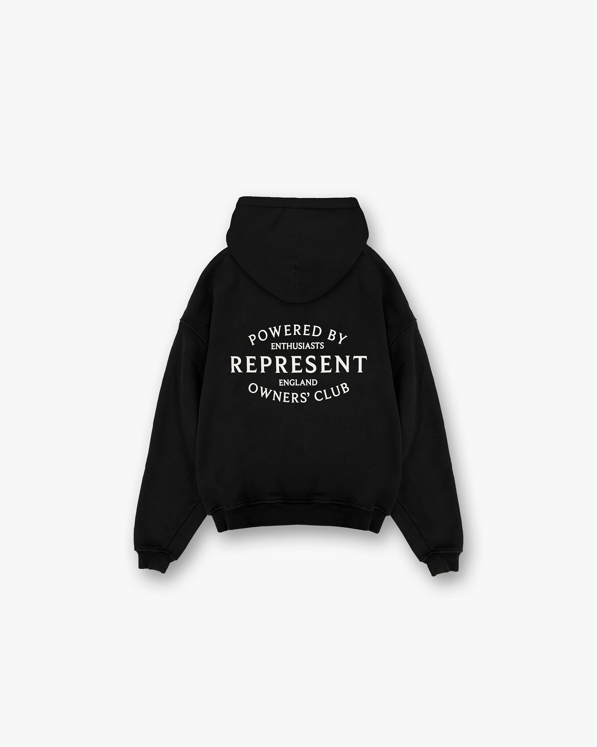 Back product image of a mens black zip-up hoodie on a plain white background | Represent Owners Club Stamp Zip Up Hoodie in Jet Black | Heavy weight jersey cotton zip-up hoodie with ribbed hem and cuffs | Owners Club Hoodies | Represent Clo