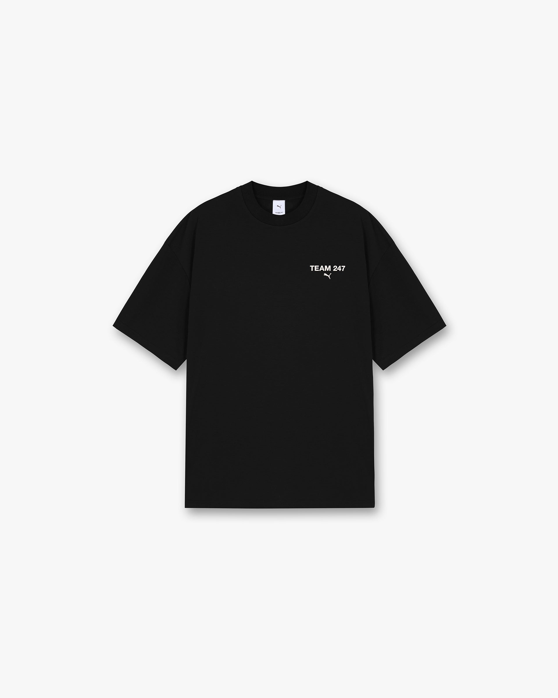 Front product image of a mens black oversized t-shirt on a plain white background | 247 X Puma Oversized T-Shirt in Black | Oversized t-shirt with a boxy fit | 247 T-Shirts | Represent Clo