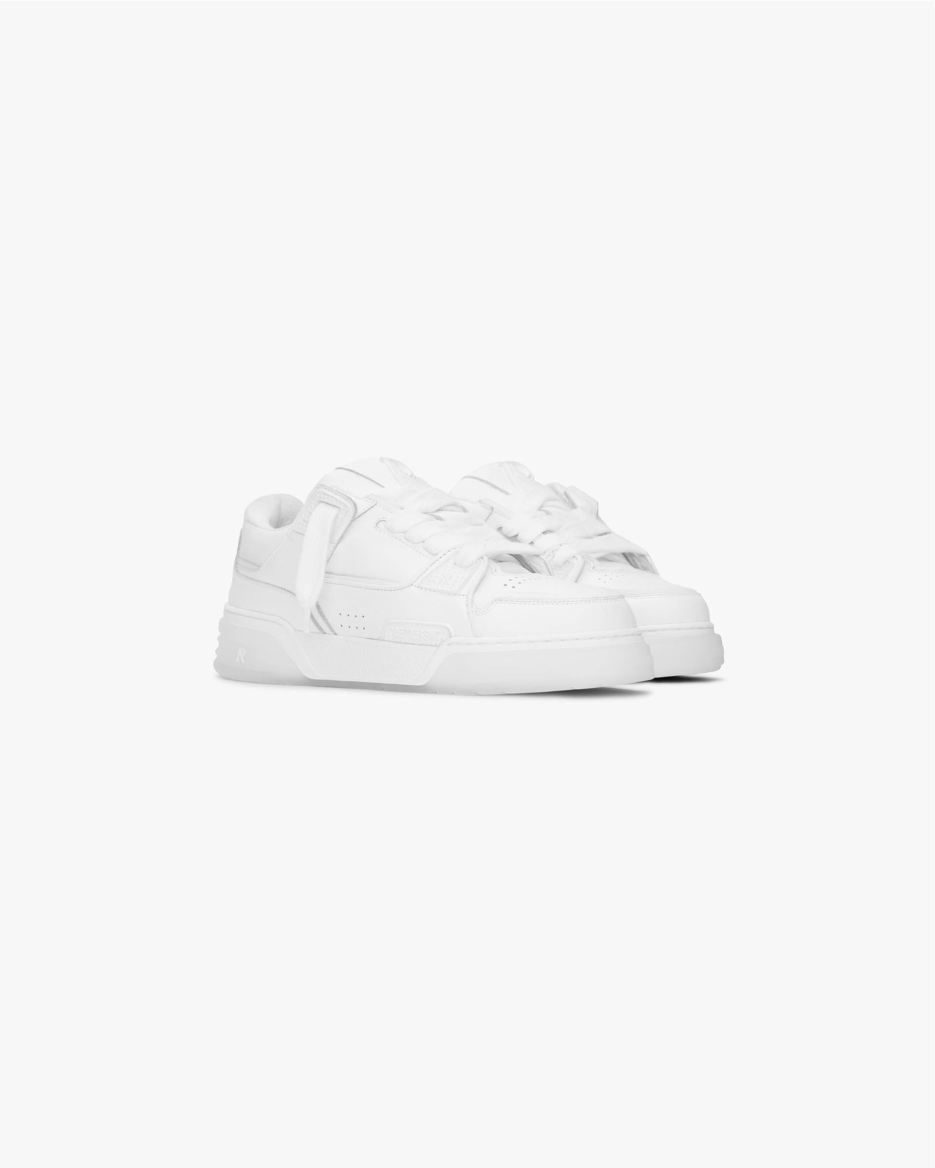 Back product image of mens white footwear on a plain white background | Studio Sneaker in Flat White | Leather sneakers with branded TPU trims and rubber outsole | SS24 Footwear | Represent Clo
